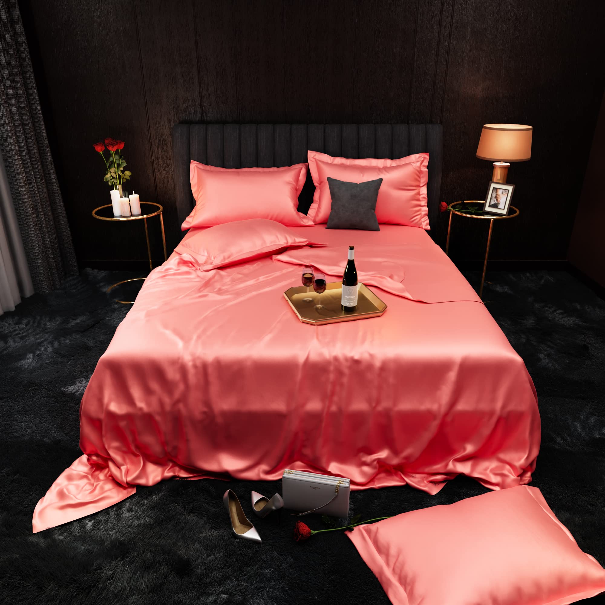 Stoa Paris Satin Bedsheet King Size with 4 Pillow Covers, 300TC Premium Bedsheets King Size, Home Decor, Ultimate Comfort, 274 cm x 228 cm, Date Night - Scarlet