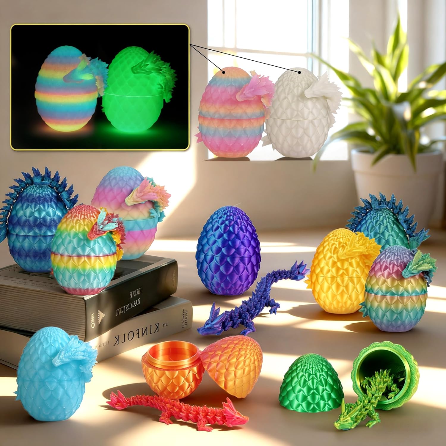 3D Printed Dragon Eggs,12PCS Prefilled Easter Dragon Egg for Basket Stuffers, Articulated Crystal Fidget Toy Gifts for Kids,Child, Boys and Girls