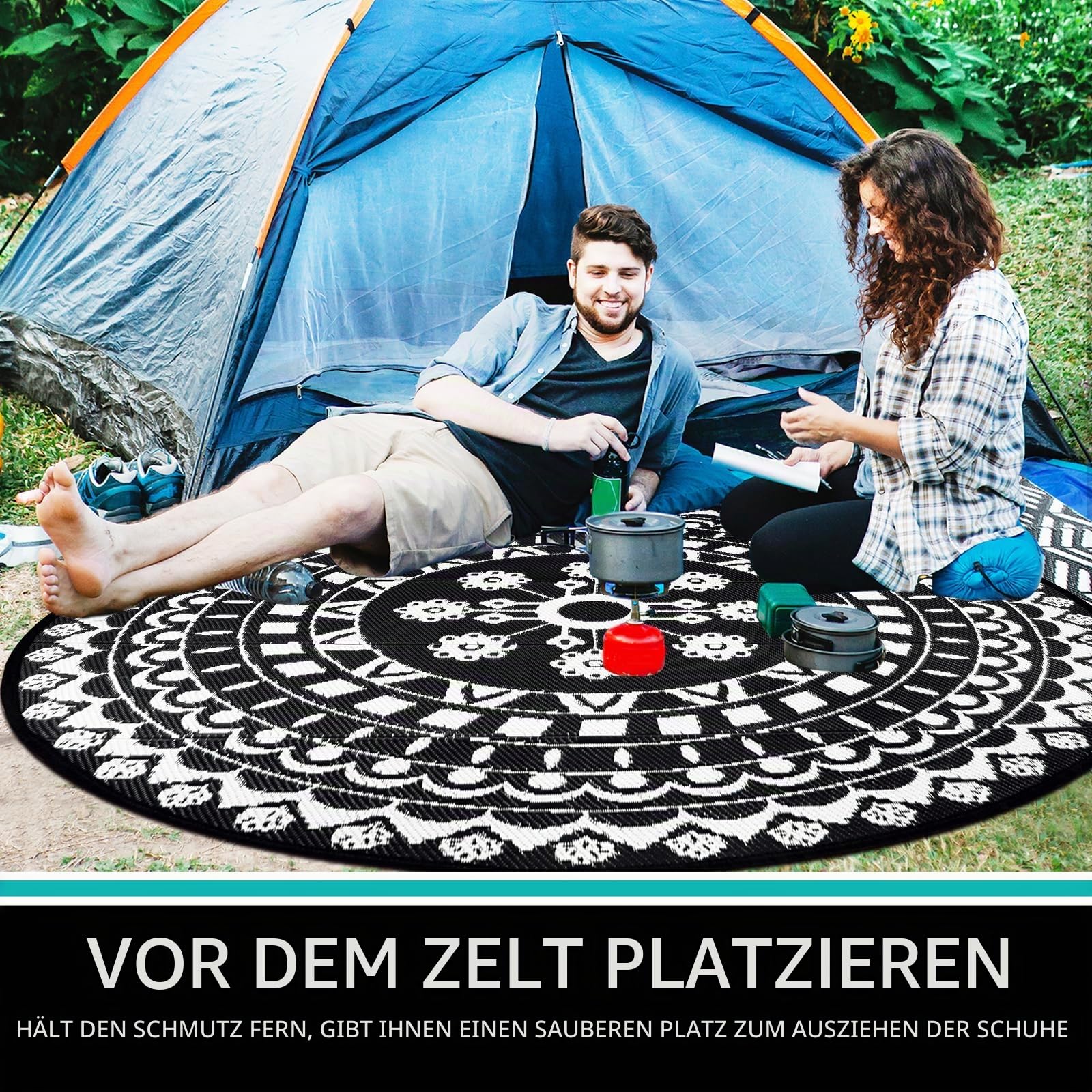 Capslpad Boho-Outdoor-Teppich, rund, 240 cm, wasserdicht, für den Außenbereich, wendbar, Picknick-Matte, tragbar, UV-beständig, Kunststoff-Strohteppich, für drinnen und draußen, runder Teppich für
