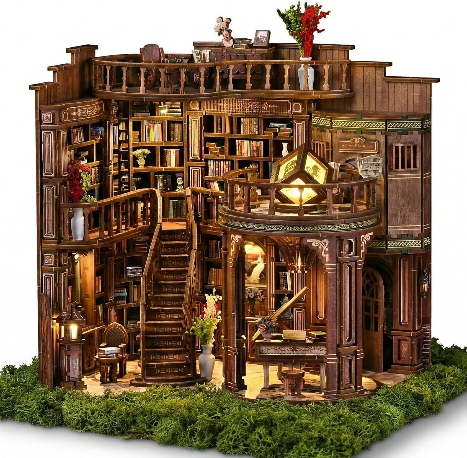 DIY Book Nook Kit for Adults, 888 Pcs 3D Wooden Puzzle Miniature Dollhouse with LED, Library Bookshelf Insert Decor, Mindful Craft Activity for Teens and Adults