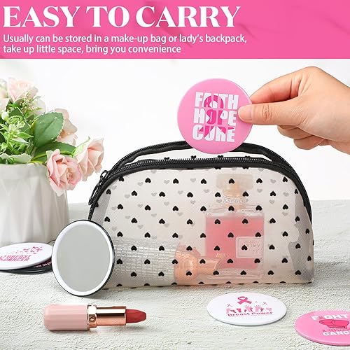Miniatura 10 de Soaoo 24 piezas de regalos de concientización sobre el cáncer de mama para mujeres, espejo de bolsillo de cinta rosa, espejo compacto portátil
