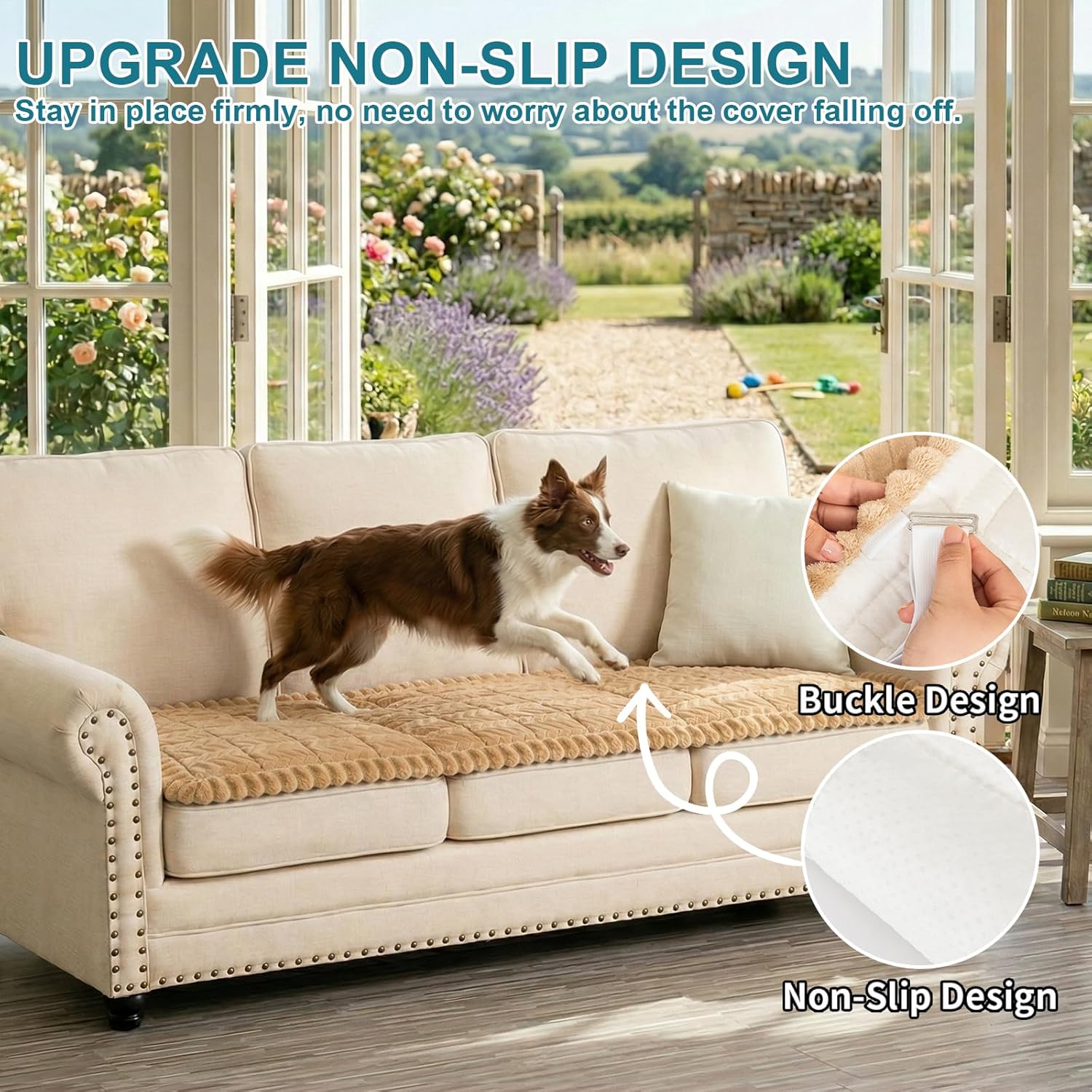 KRFOONN Non Slip Couch Cover for Dogs Washable Sofa Covers for 3 Cushion Couch Cushion Covers Sofa Slipcovers Couches Furniture Protector with Elastic Straps for Dogs Pets Mat (Khaki, 27.6" x 82.7")
