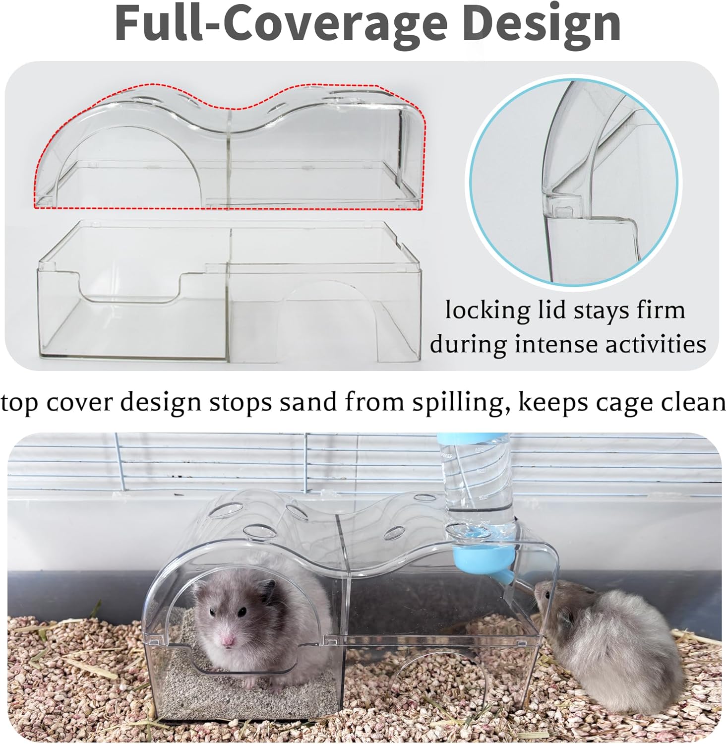 Double-Decker Hamster Hides & Multi-Functional Sand Bath Container, Wooden Hut with Transparent Dig Box for Syrian Hamsters Gerbils Mice