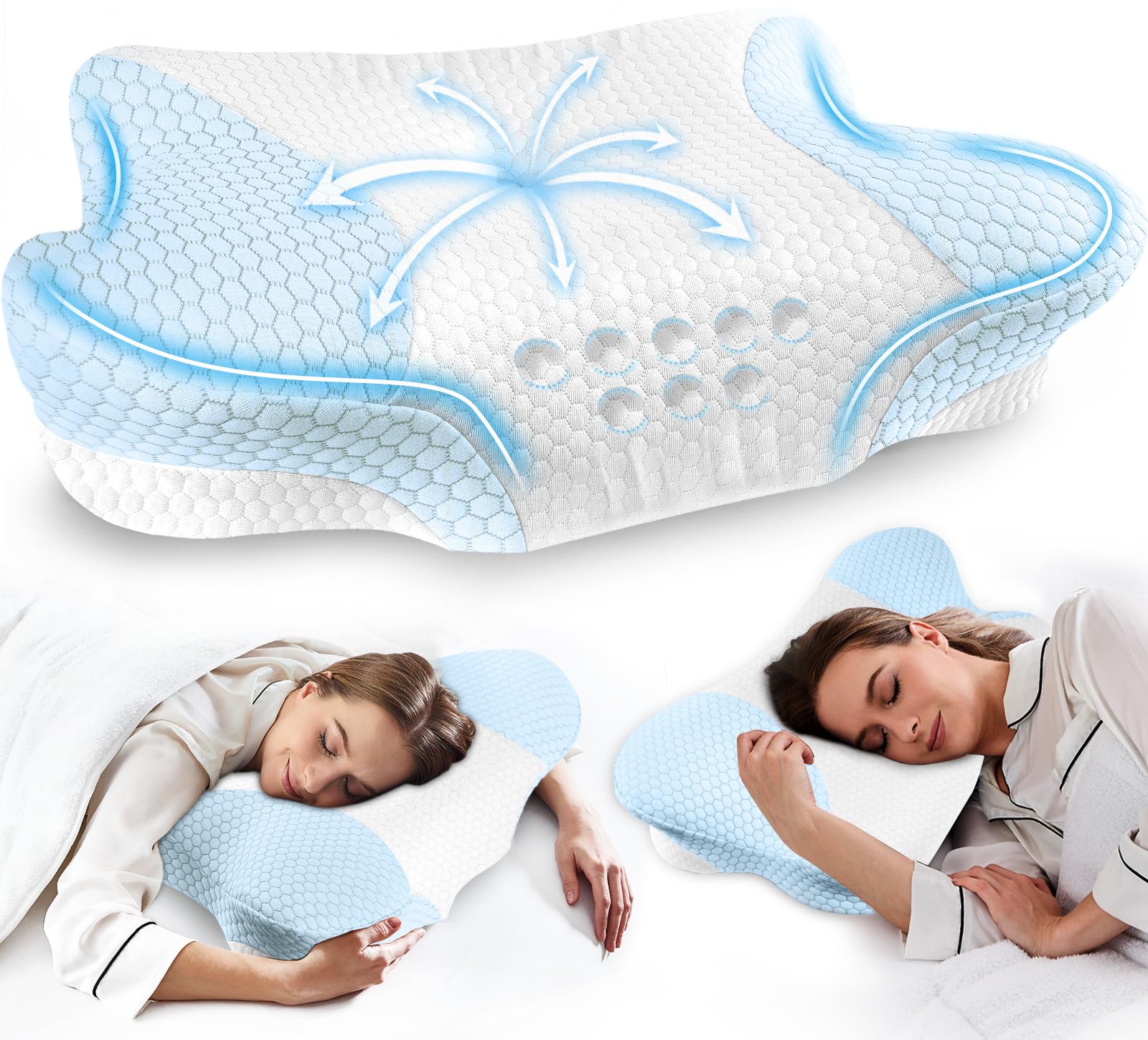 Memory Foam Cervical Neck Pillows - Side Sleeper Pillow for Pain Relief Contour Memory Foam Pillows Ergonomic Neck Support - Blue