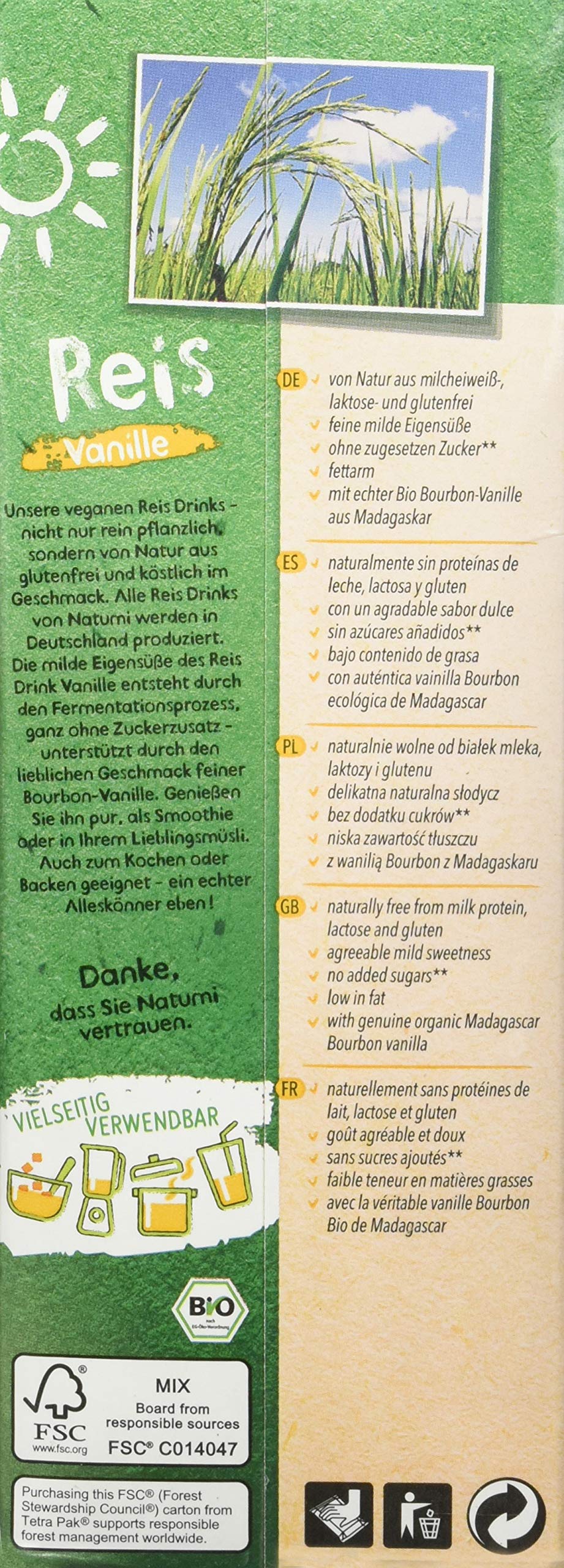 Natumi Bio Reisdrink Vanille, 12 x 1L - Laktosefrei, Glutenfrei, Ohne Zuckerzusatz, Vegan, Milchfreie, Milchfreie Alternative