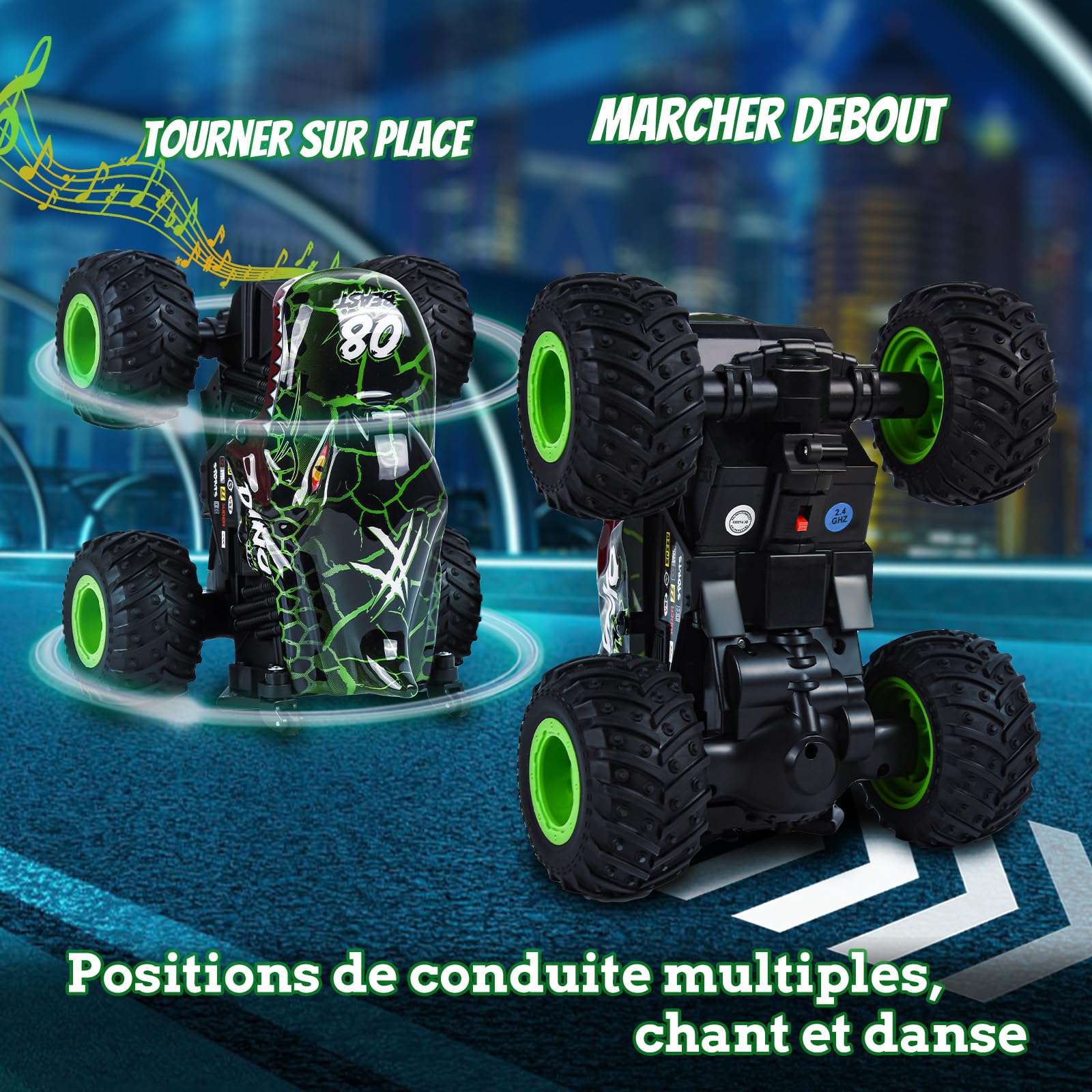 IEEILULU Voiture télécommandée, dinosaure, voiture tout-terrain avec rotation à 360°, lumière LED, Monster truck RC rechargeable, jouet dinosaure, cadeau pour enfants à partir de 3, 4, 5, 6, 8, 10 ans
