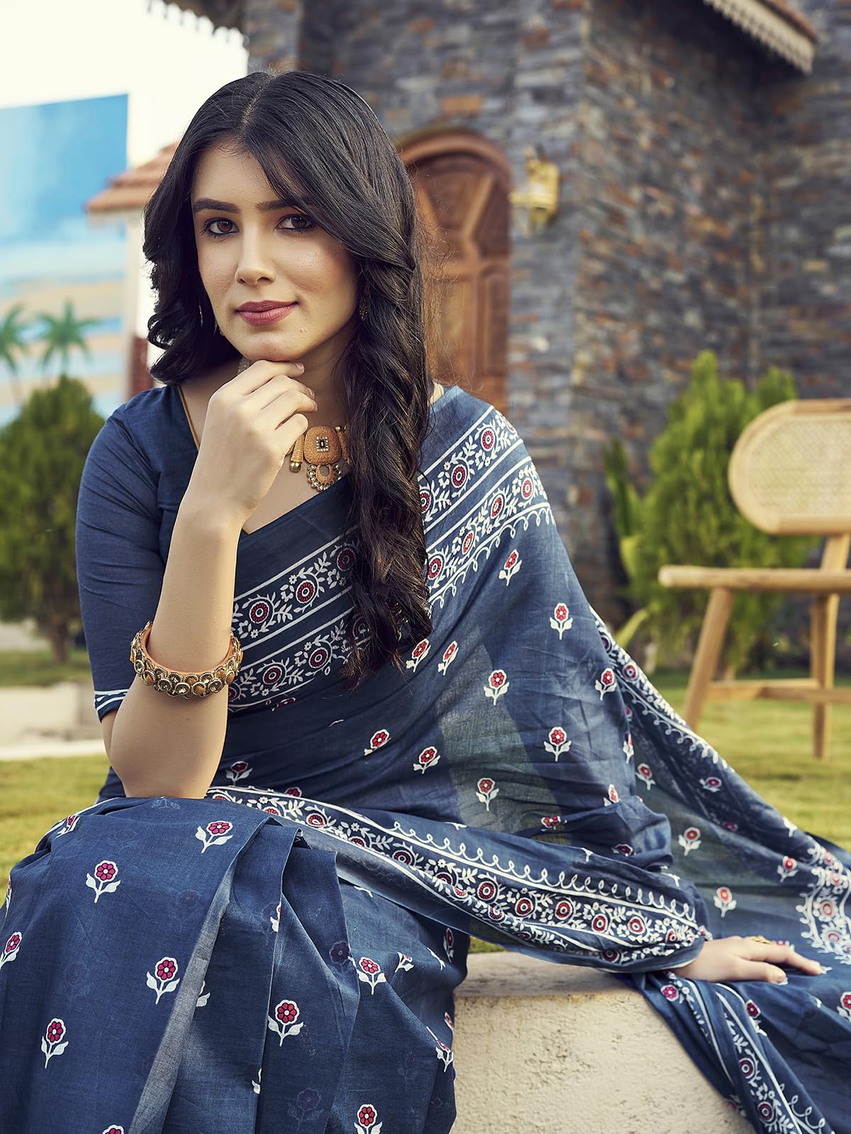 Satrani Women's Cotton Printed Ready To Wear Saree With Unstitched Blouse Piece (7Rs108N_Rama Blue4)