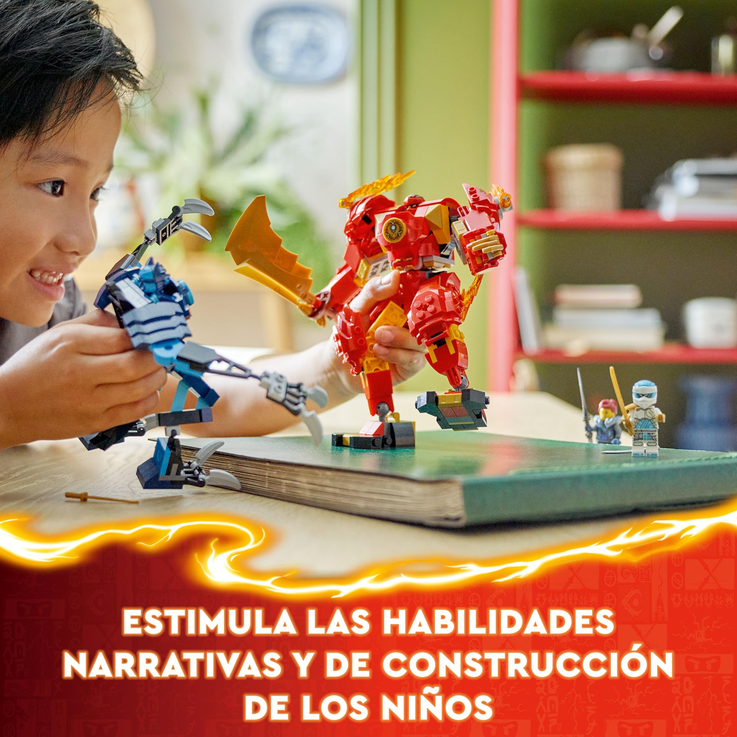 LEGO Ninjago Meca Elemental del Fuego de Kai, Figura Roja de Acción Articulada y Minifigura de Zane y 3 Personajes para el Juego de Batalla Ninja, Regalo para Niños y Niñas de 7 Años o Más 71808