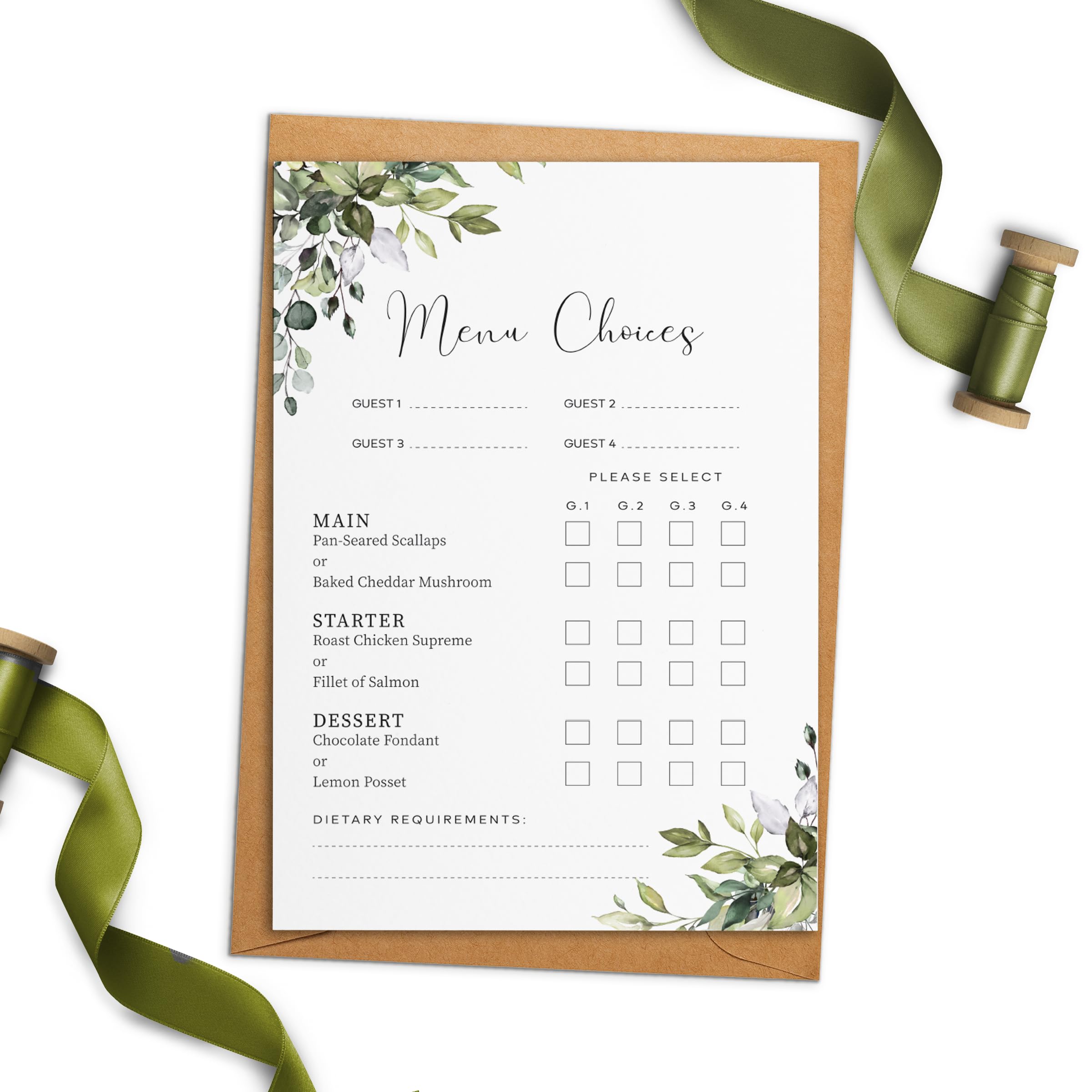 Personalised Eucalyptus Wedding Stationery Suite – 5x7 or A6 Wedding Invitations, RSVP, Details & Menu Cards. (Menu Choice Card, 5 x 7)