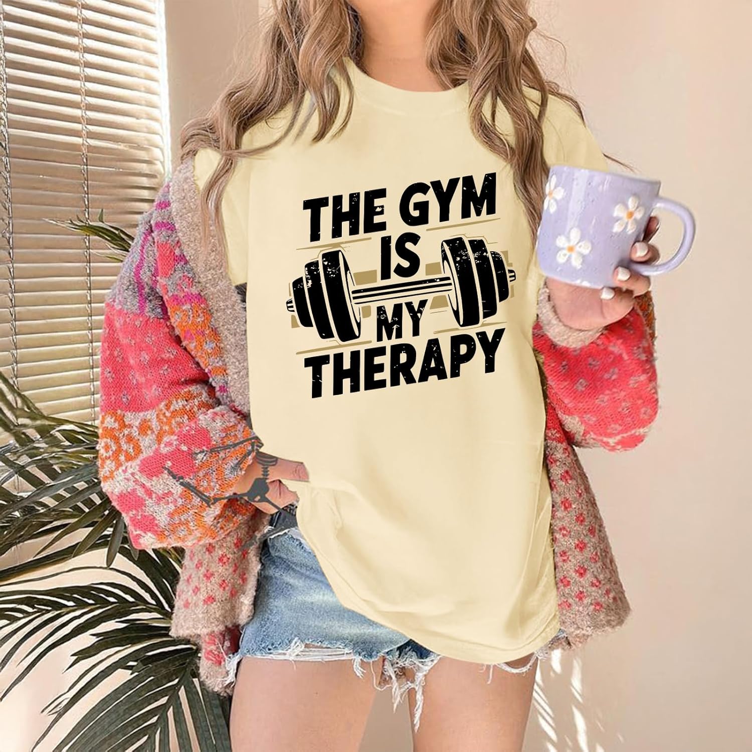 Funny Gym Shirts for Women Workout Weight Lifting Tshirts Weightlifting Graphic Oversized Gym is My Therapy Tee Tops - Image 6