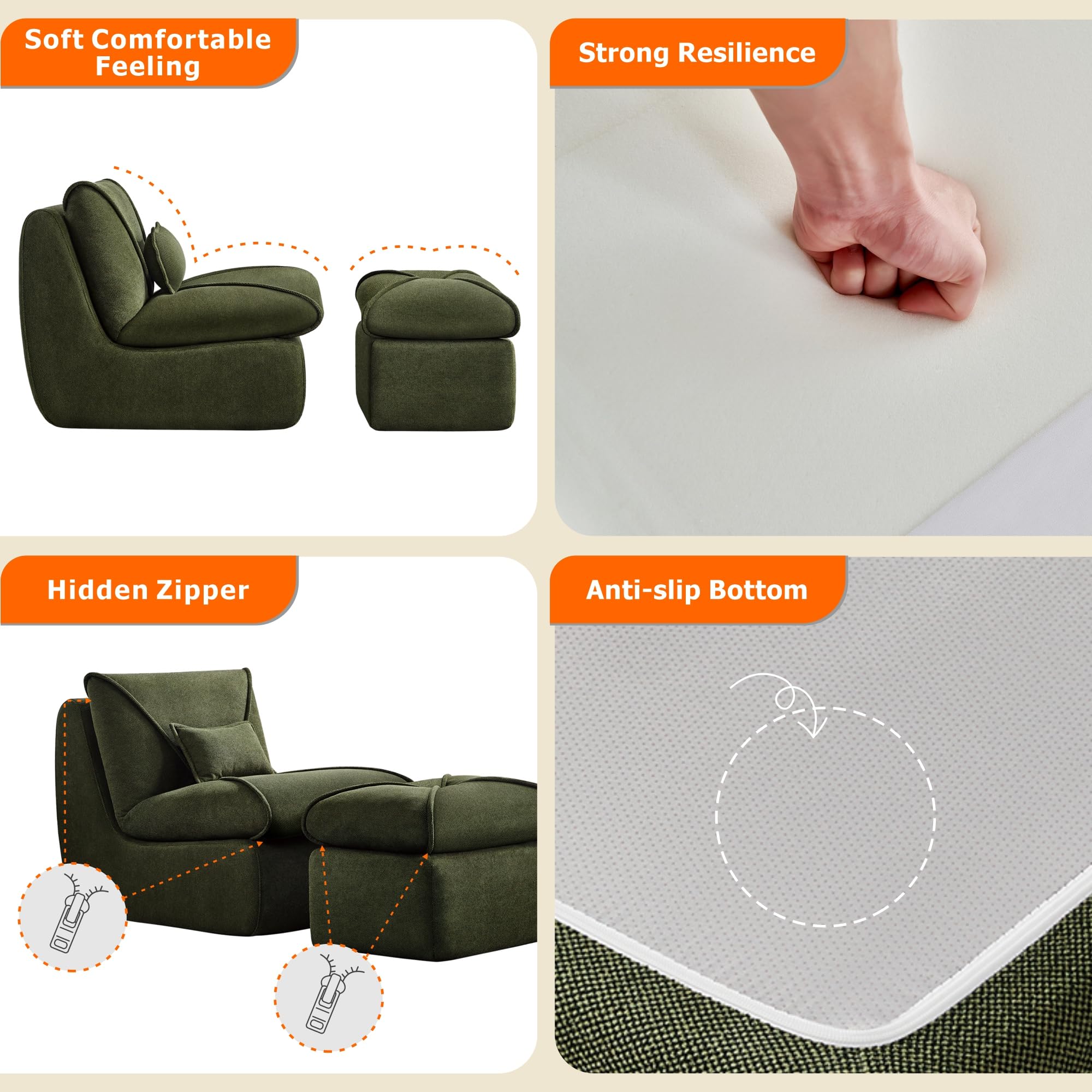 Bean Bag Chairs Comfortable Fireside Chairs High Density Memory Foam Lounge Chair Modern Comfy Chair BeanBag Chairs for Living Room Bedroom Office (Dark Grey-Single Chair with Ottoman)