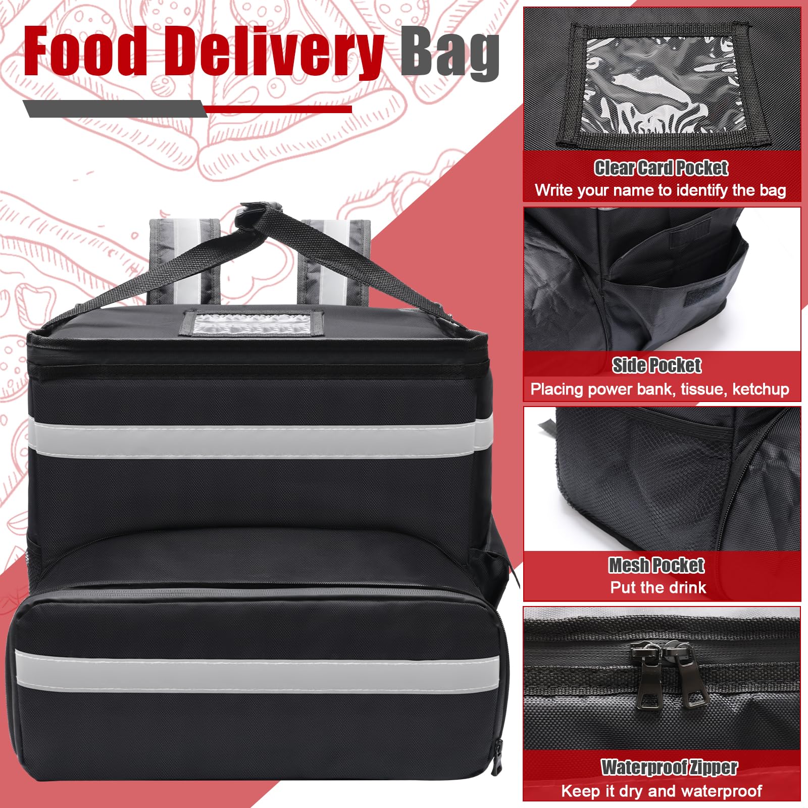 Lebensmittel-Lieferrucksack für Fahrrad, erweiterbare Pizzataschen für die Lieferung mit 2 Taschen/2 Stützbrettern/reflektierendem Streifen, isolierter Lieferrucksack für Lebensmittel