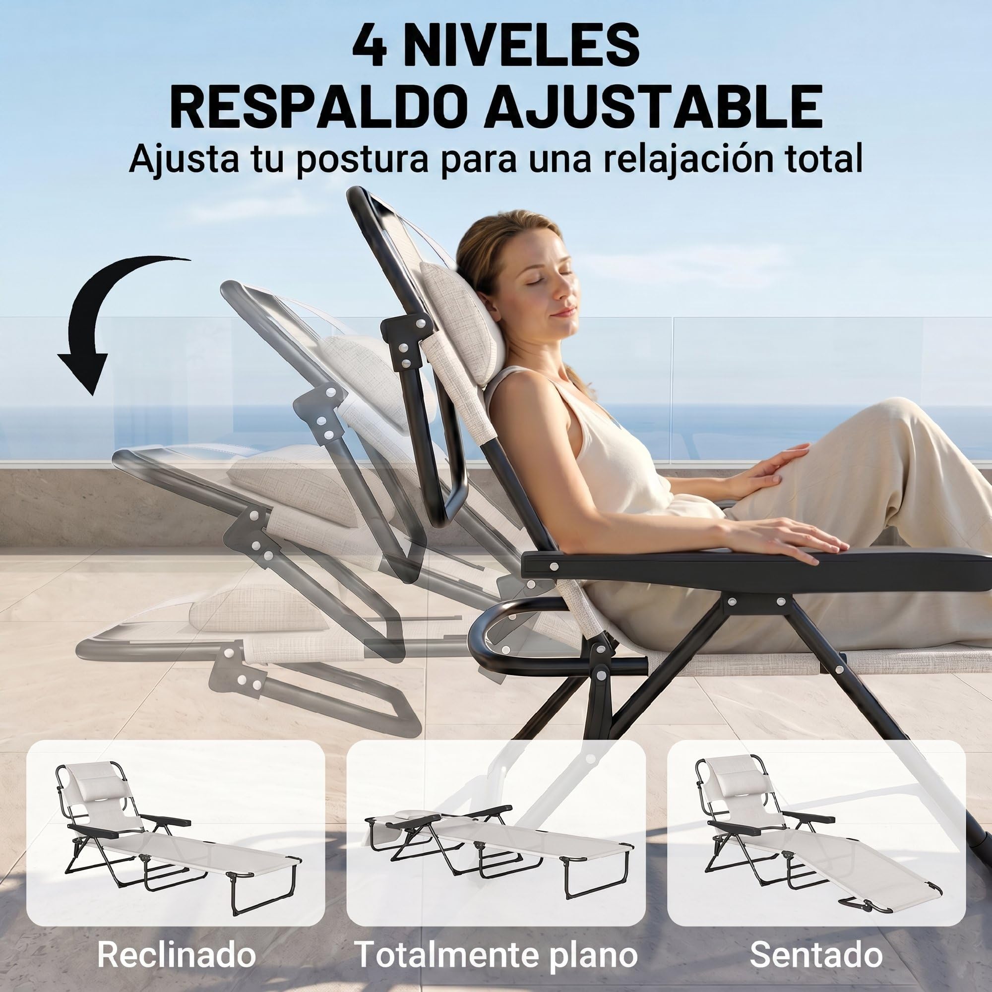 Outsunny Tumbona Plegable, Tumbona Jardín Exterior con Respaldo Ajustable en 4 Posiciones, Orificio de Lectura, Reposacabezas y Brazos, Carga 120 kg, para Terraza, Piscina, 145x72x89 cm, Crema