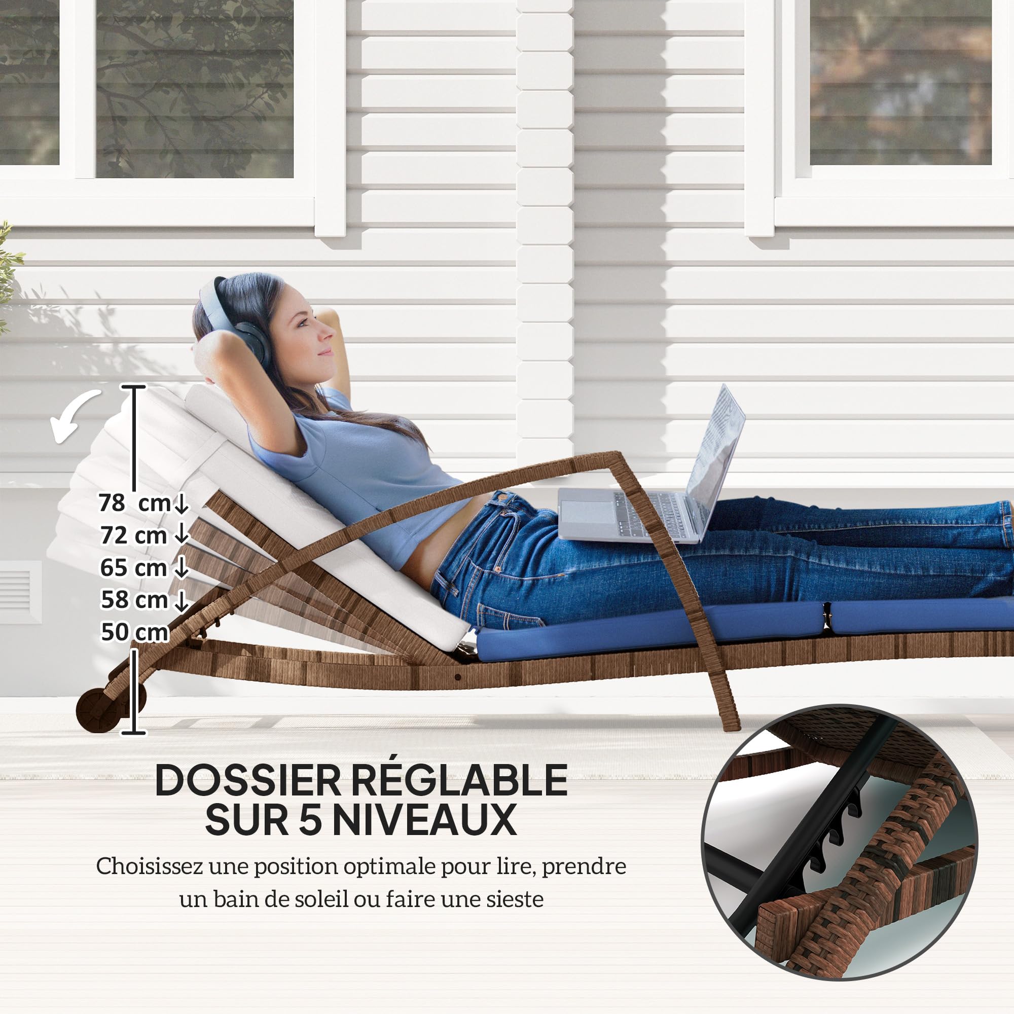 Outsunny Bain de Soleil Dossier Réglable avec roulettes Marron et Beige