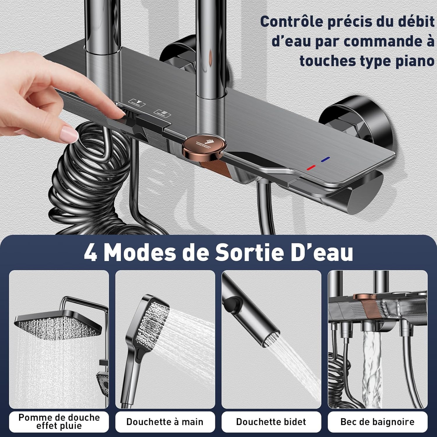 Colonne de Douche avec Mitigeur, Ensemble Douche Tête Pluie XXL 31,5cm, Panneau Commande Piano 4 Fonctions, Hauteur Réglable 83-110cm, pour Baignoire et Salle de Bain - Gris