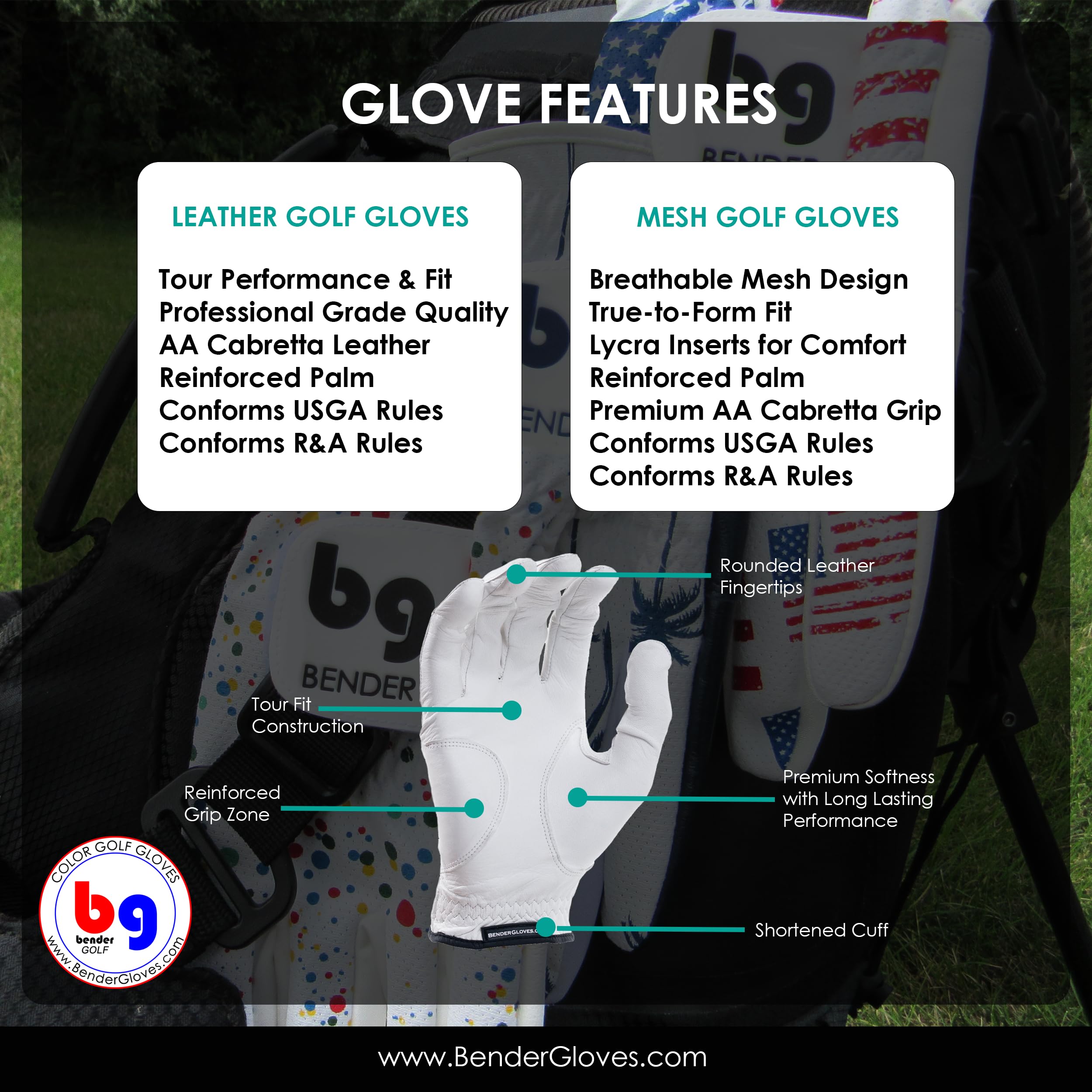 BG Bender - męskie rękawice golfowe, trwałe siatkowe rękawice golfowe, unikalne rękawice golfowe