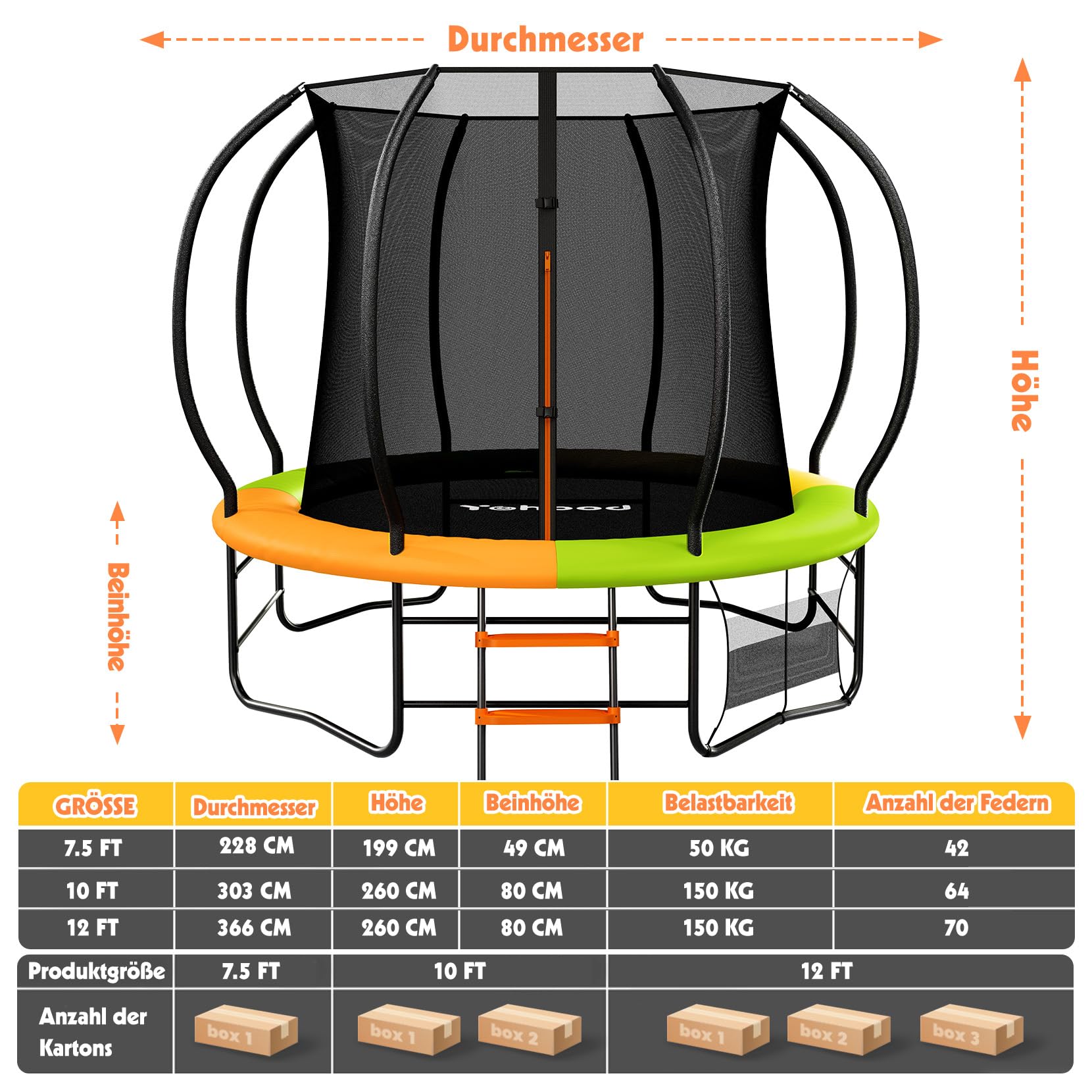 Trampolin Outdoor Ø228/305/366 cm, GS-Zertifikat, Gartentrampolin für Kinder, Stabile Rahmenkonstruktion, Trampolin mit Tasche, Leiter, Randabdeckung & gepolsterten Netzstangen