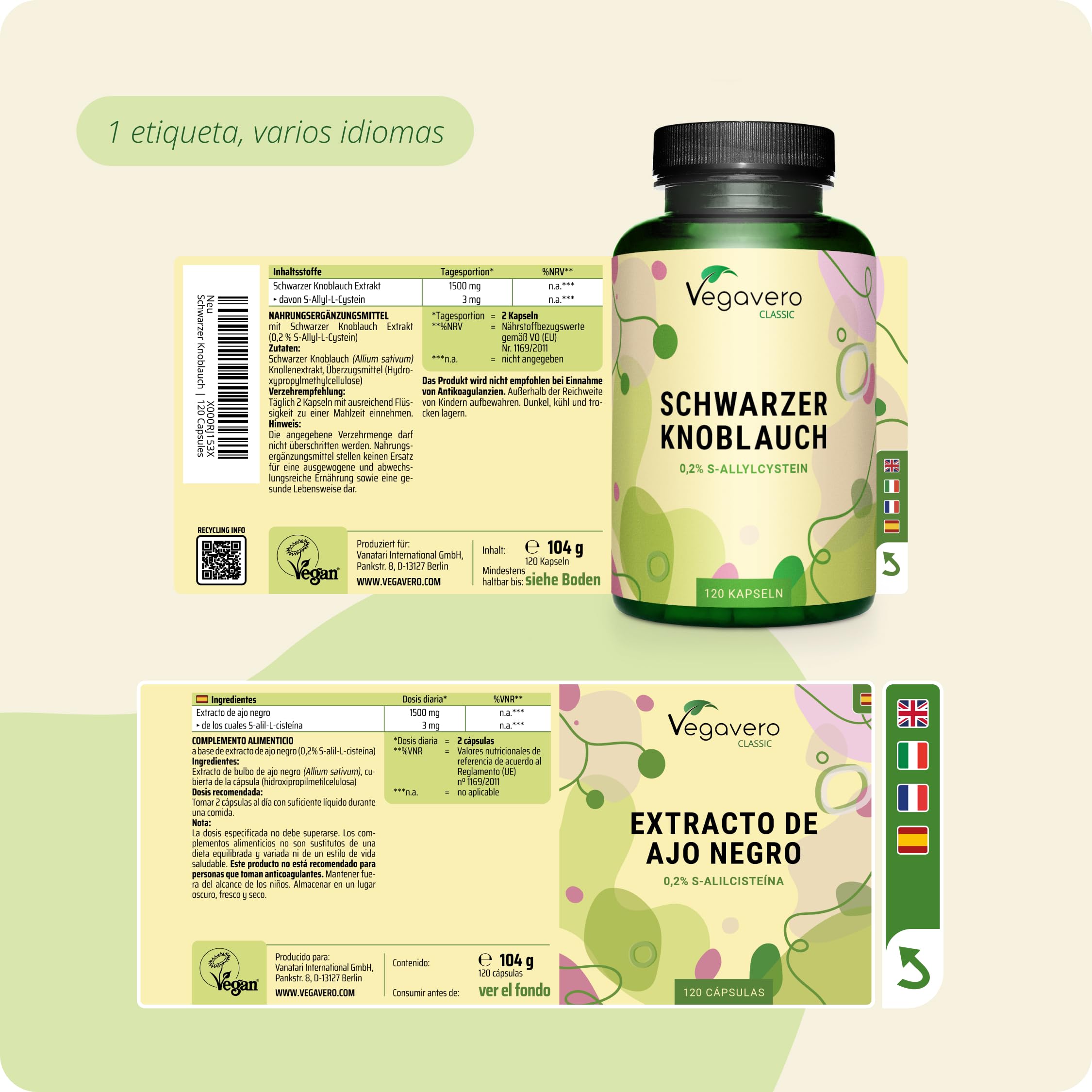 Ajo Negro 22.500 mg SIN OLOR | ALTA DOSIS | Extracto Natural Fermentado | Potente Antioxidante + Sistema Inmune | 120 cápsulas | 100% Vegano y Sin Aditivos | Vegavero
