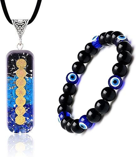 Juego de collar y pulsera de triple protección de 7 chakras, colgante de cristal de orgonita y pulsera contra el mal de ojo. Regalo de joyería