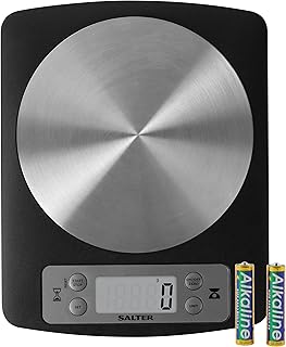 Salter 1136 BKSSDR Digital Kitchen Scale - Easy Clean Stainless Steel Disc Platform, Magnetic Feet, Store On The Fridge Door, Clock Display, Ultra Slim Design, Add & Weigh Function, Measure Liquids