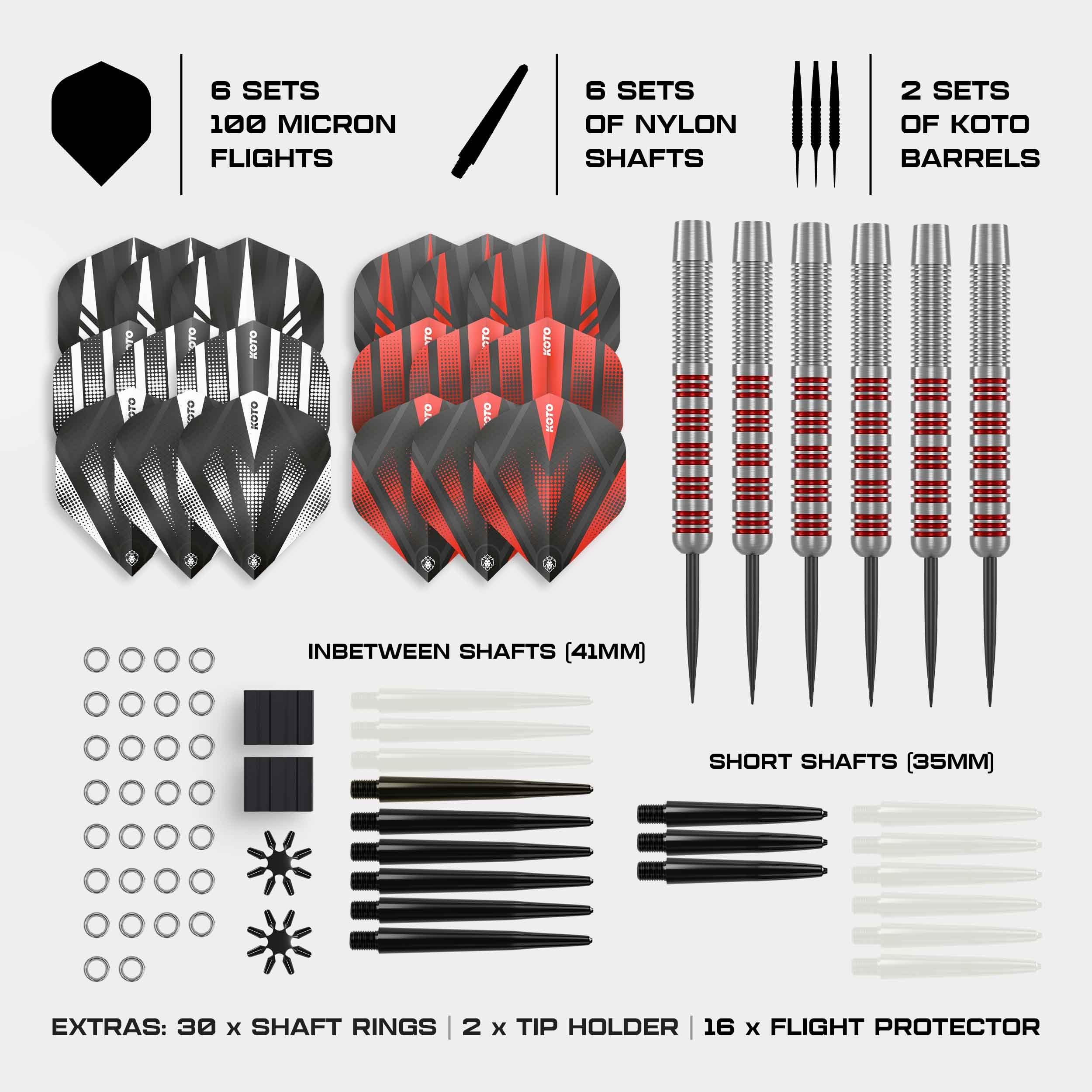 KOTO - Straight Silver Red Lotki do Darta z Mosiądzu, 18G, Steeldarts | 18G Steeldarts, 6 Baryłek, 6 Piórek I 6 Trzonków, Wyważenie Centralne, Okrągły Grot, 57mm, 8mm, Karbowany Uchwyt