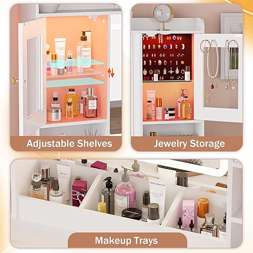 Miniatura 5 de Escritorio de maquillaje blanco con espejo y luces, mesa de tocador de maquillaje con espejo iluminado, 7 cajones de almacenamiento, tocador moderno