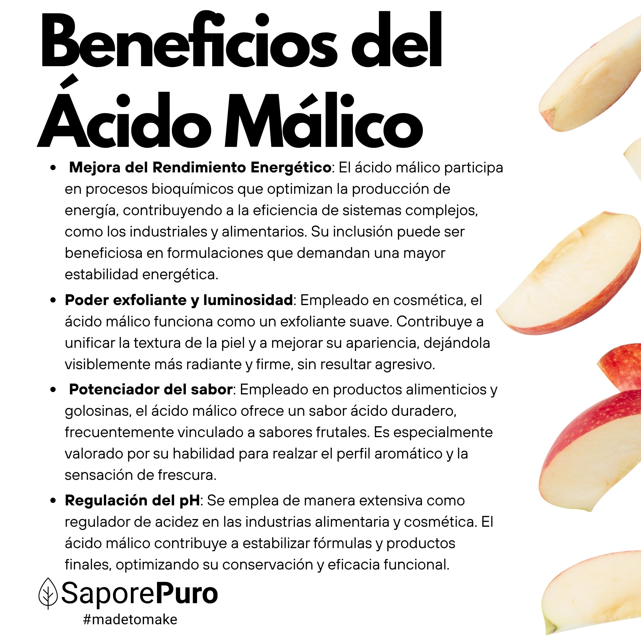 SaporePuro Ácido Málico en Polvo 500 g | Alta Solubilidad y Sabor Ácido | Ideal para Bebidas, Postres y Suplementos | Calidad Alimentaria | Sin Gluten