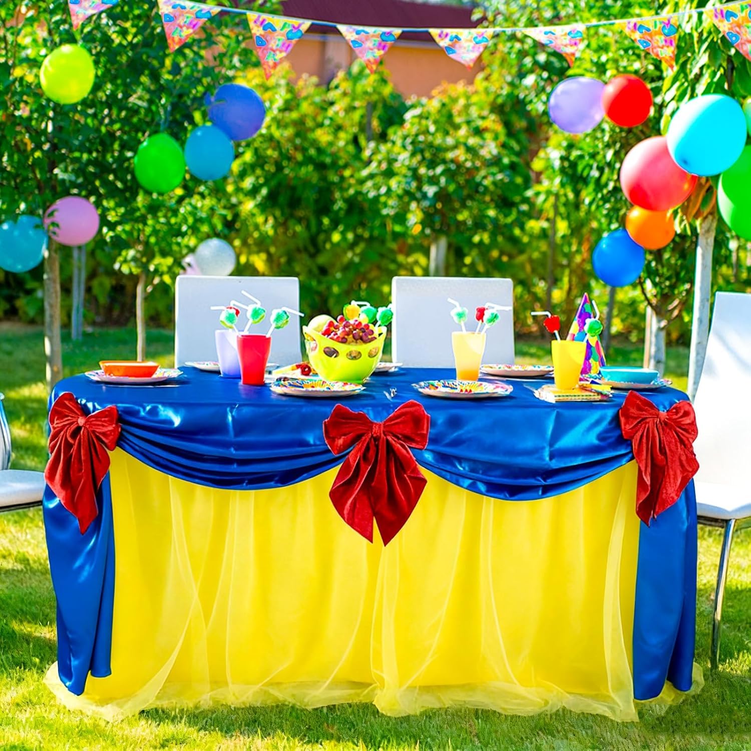 30 x 108 Inch Princess Party Decorations Snow Princess Blue and Yellow Tablecover Yellow Tulle Table Skirt Royal Blue Tablecloths with Red Bow Clips Set for Girls Birthday Baby Shower Party Supplies