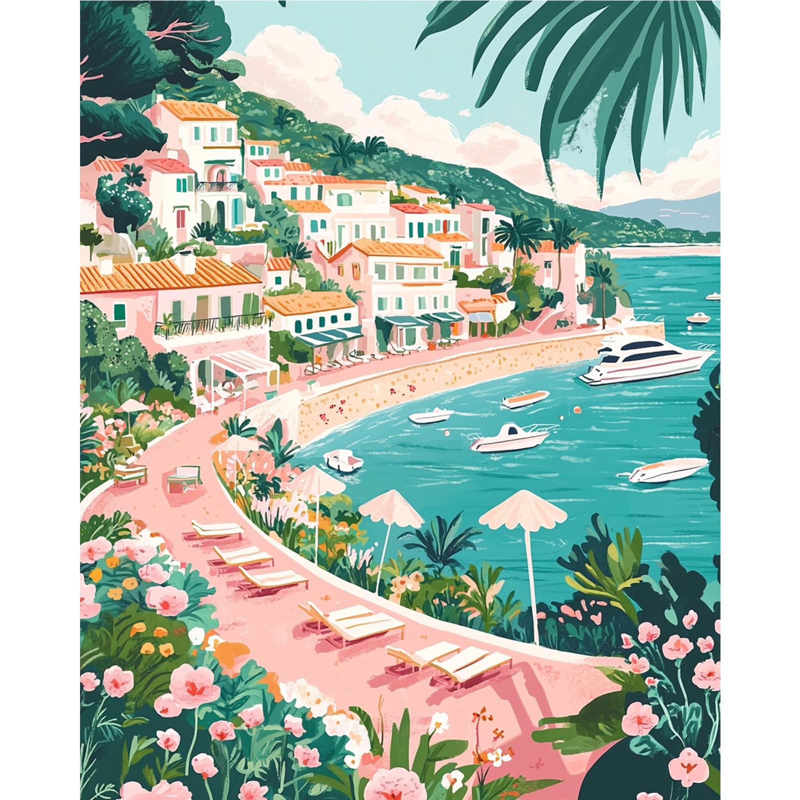 MAXBYE Paint by Numbers Kits for Adults, Seaside Scenery Painting by Numbers for Beginners, Pink Flowers Oil Painting with Paint Brushes Acrylic Pigment Home Wall Decor Gifts Without Frame 40x50 cm