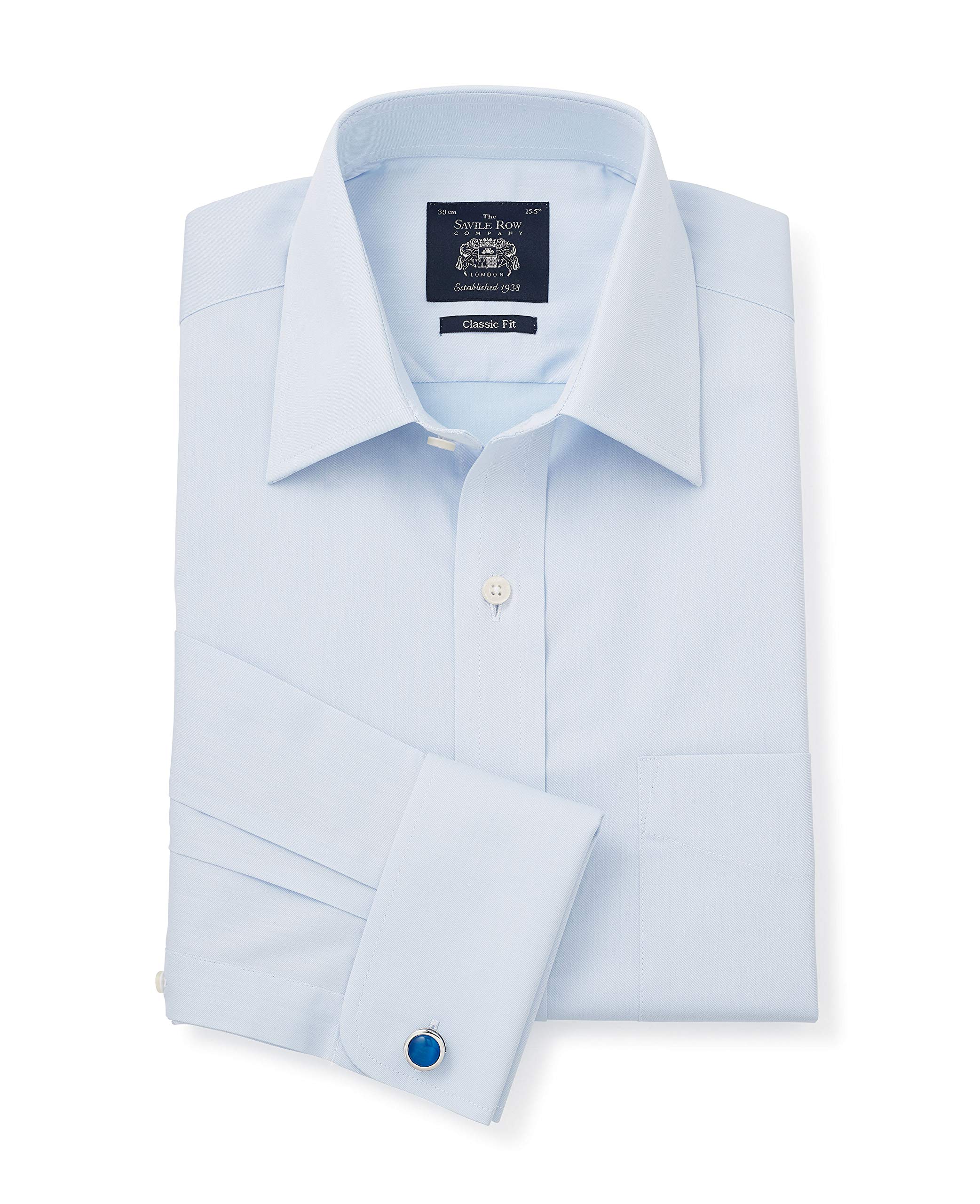 THE SAVILE ROW COMPANY LONDON Men's Classic Fit Cotton Twill Formal Shirt - Double Cuff - Blue - 17.5" Collar - Standard