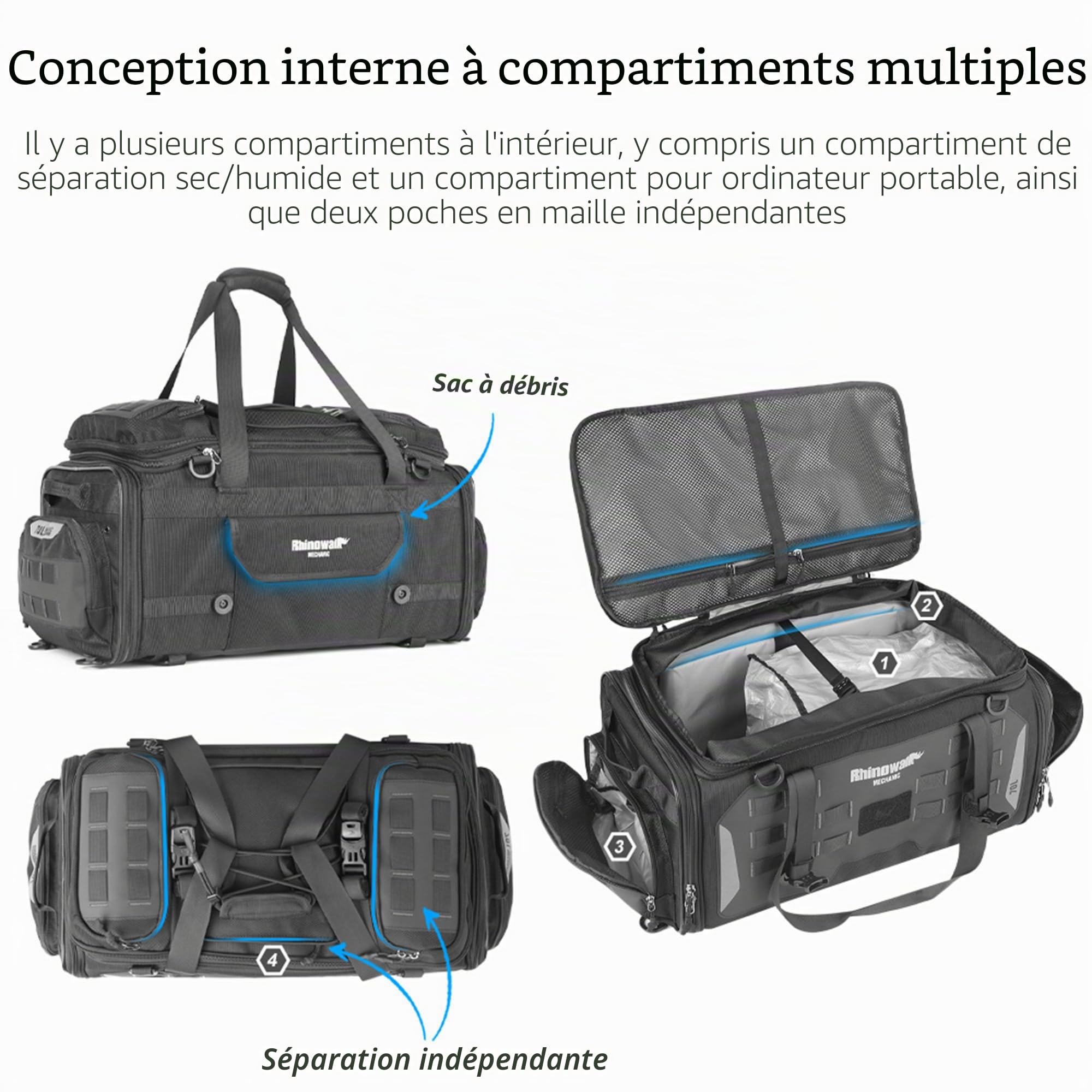 Rhinowalk Sac de queue de moto – Bagage de voyage extensible de 50 à 70 L, sac de selle de sport, sac de casque étanche avec housse de pluie, sac à dos et système Molle, noir
