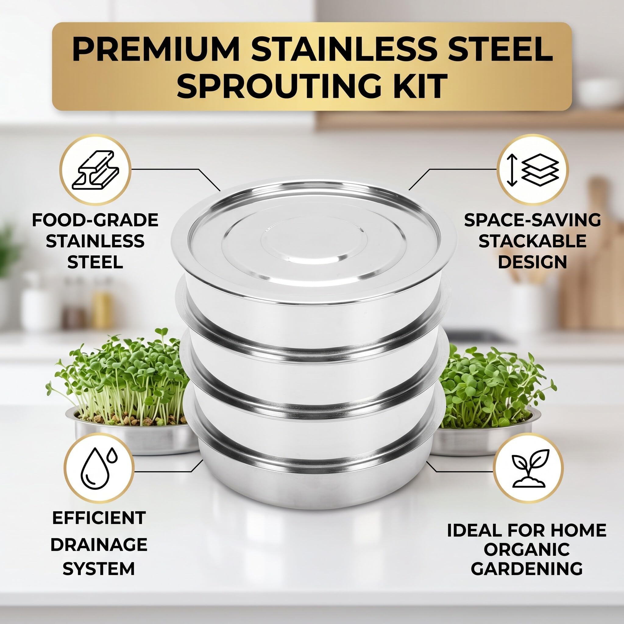 Fafeicy Kit de Germination de Graines, Producteur de Germes en d'acier Inoxydable pour Le Jardinage Domestique, Haricots, Pois avec Drainage Efficace et Conception Empilable (4 Niveaux)