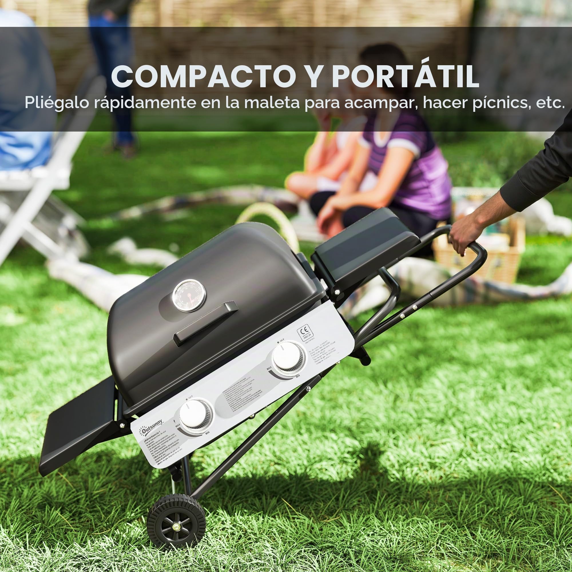 Outsunny Barbacoa de gas portátil plegable, 2 quemadores de 5,6 kW barbacoa de gas de camping con rejilla de cocina, estantes laterales, tapa, termómetro y ruedas, para camping, jardín y balcón negro
