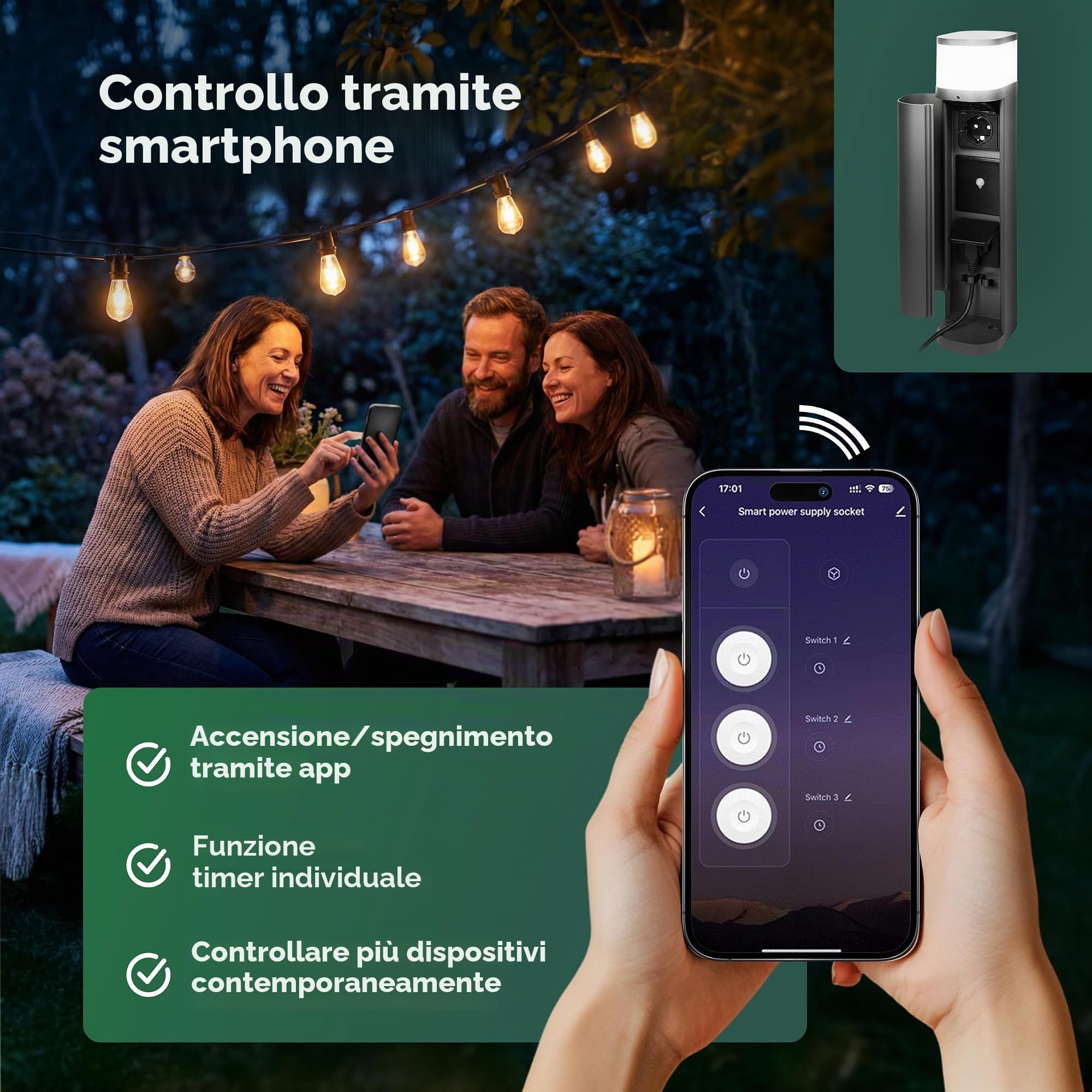 Novatool Lampada con presa radio a 2 scomparti, colore antracite, rotonda, con apertura SMART WiFi, app IP44, presa esterna da giardino, per esterni, colonna da giardino, torre di presa elettrica