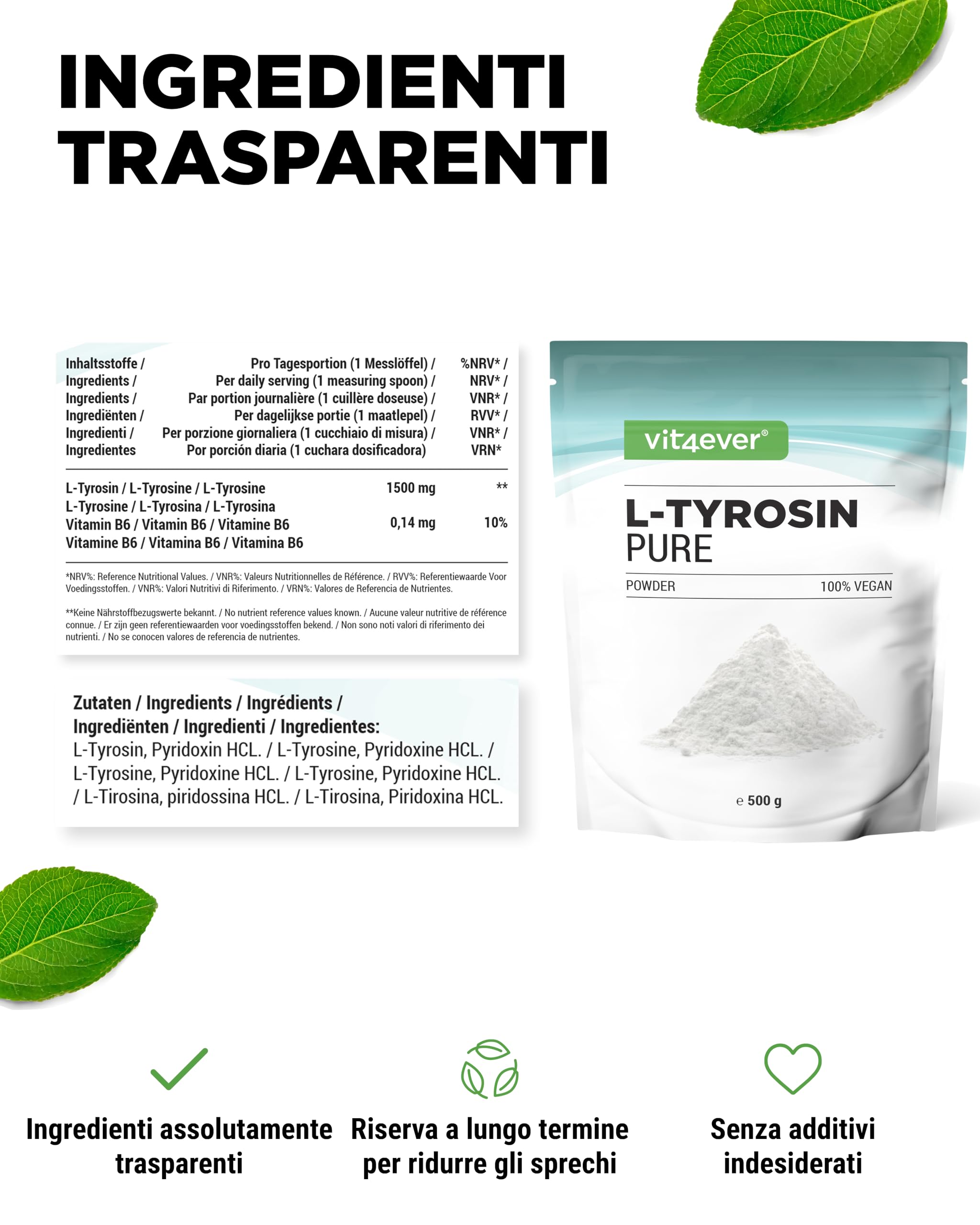 L-Tirosina 500 g Polvere Amminoacido Puro Vegan 333 Porzioni