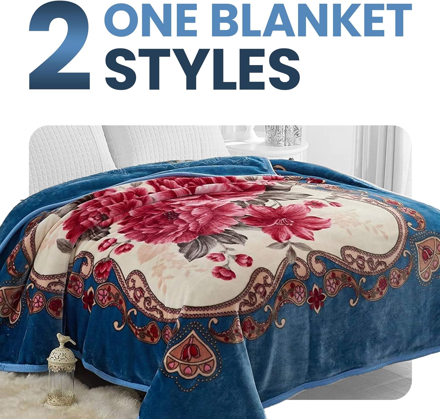 YHSF Korean Faux Mink Blanket - 2 Ply Thick & Soft Reversible Printed Plush Winter - Warm Cozy Silky Raschel Blanket - Easy Care, Fade Resistant - Flower/Light Blue, King, 5 LB, 83 in x 91 in - Image 2