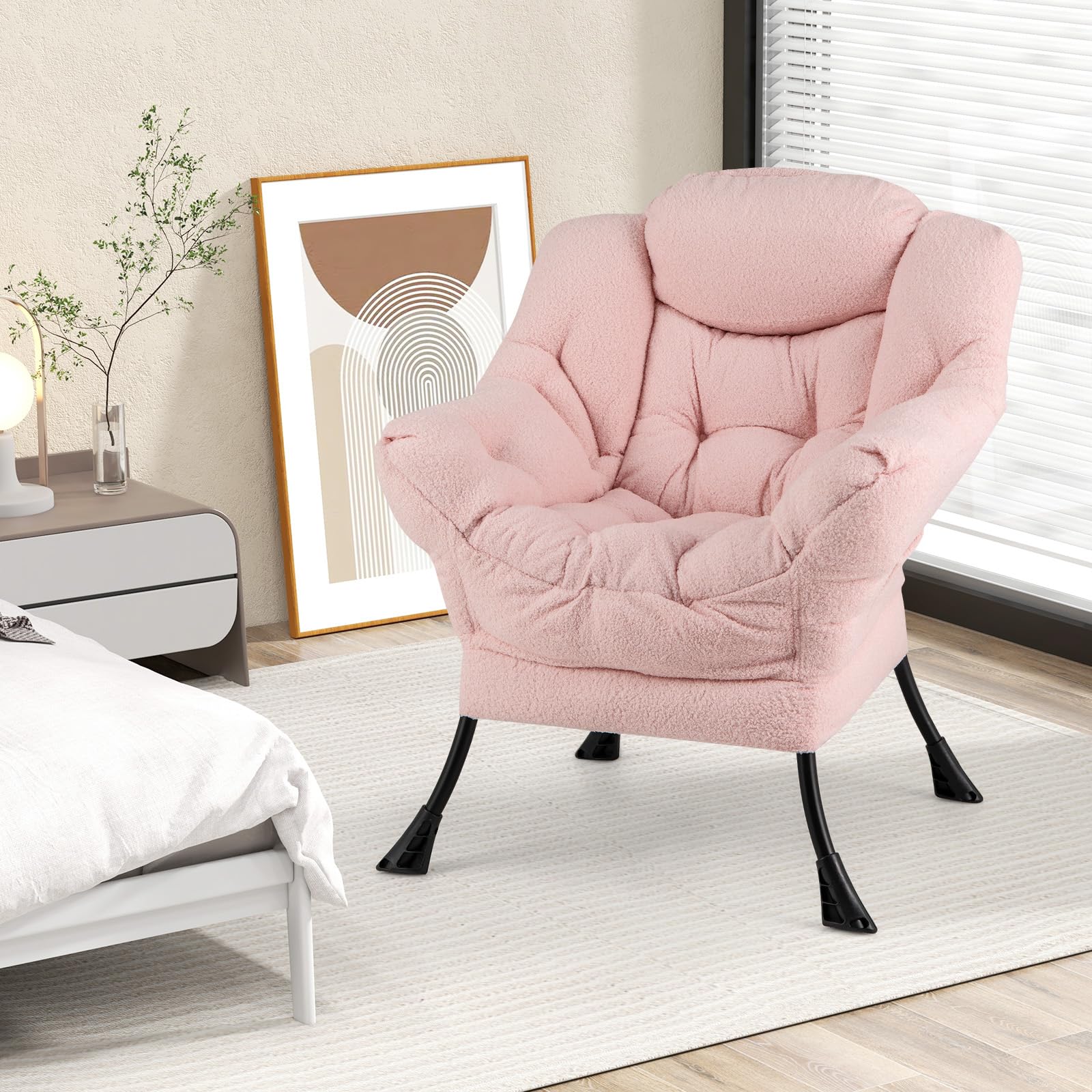 COSTWAY Fauteuil Salon Scandinave en Sherpa avec Oreiller et Poche Latérale, Relax pour Lecture, Cadre en Métal pour Charger 150 KG (Rose)