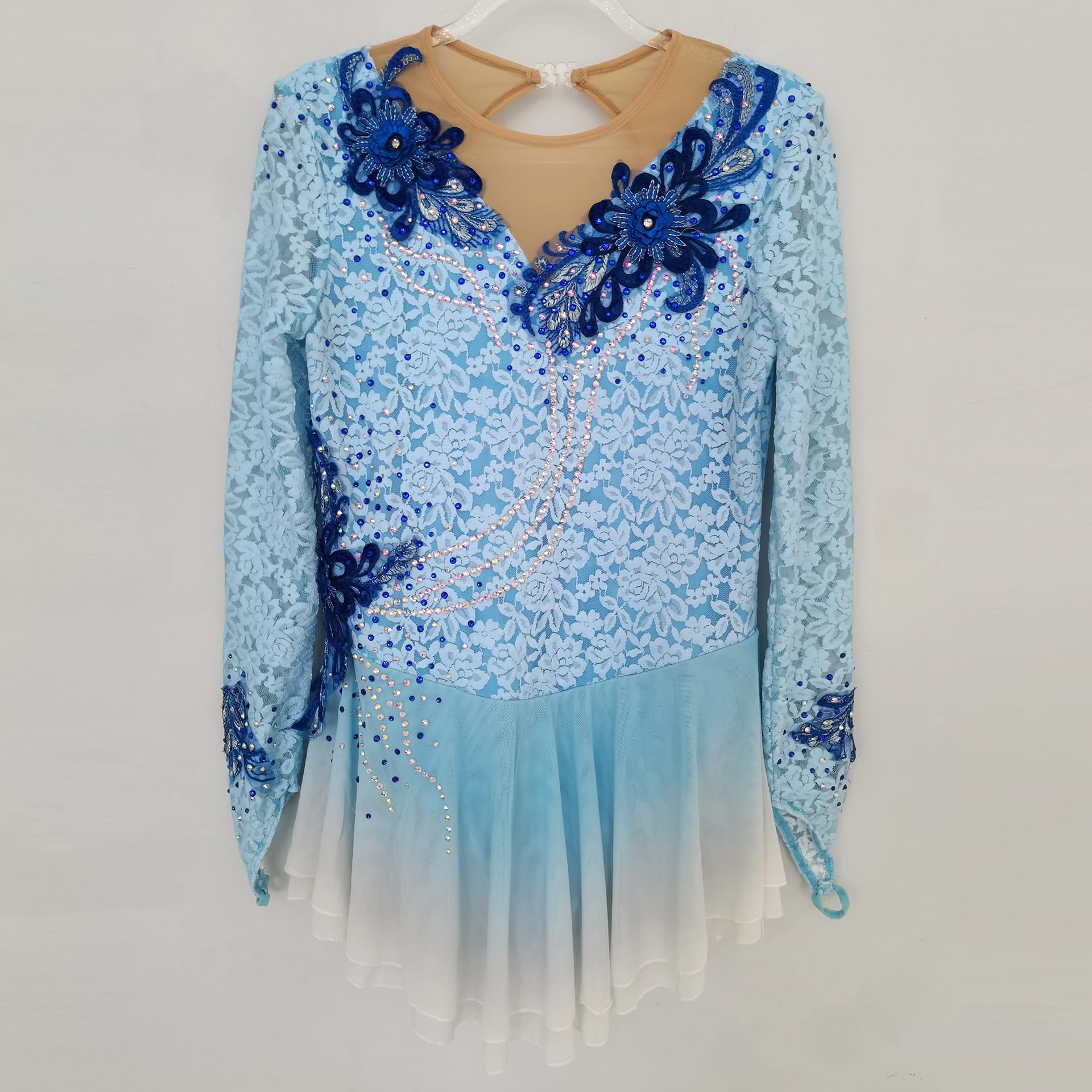 LIUHUO Vestido de patinaje artístico Falda degradado de encaje azul para niñas Rendimiento de competición