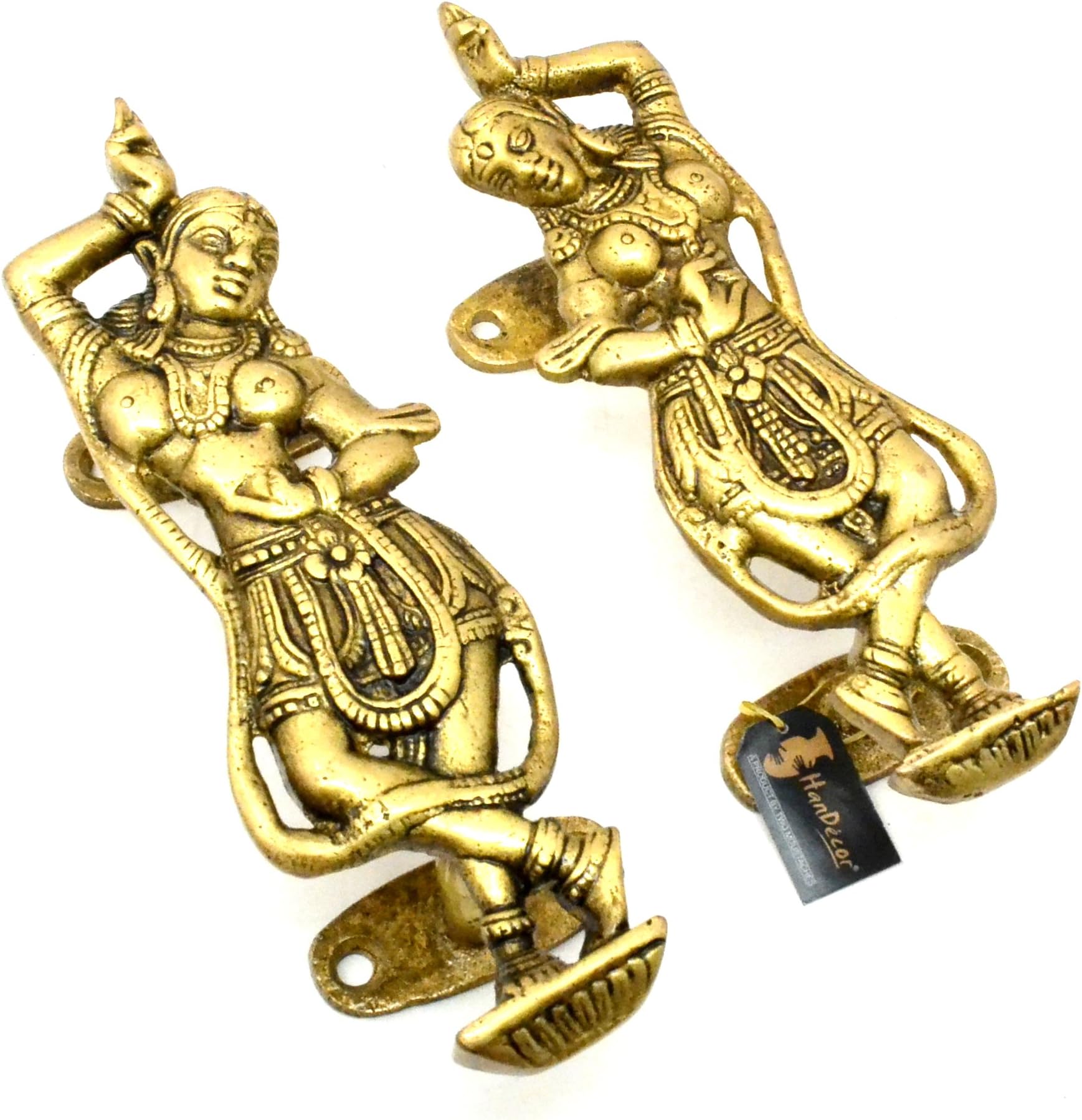 Two Moustaches Ethnic Dancing Apsara Brass Door Handle Set, Brass Handles for Home & Pooja Decor, Door Handle for Mandir, Door Pulls, Door Handleset, Standard, Antique Yellow, Pack of 2