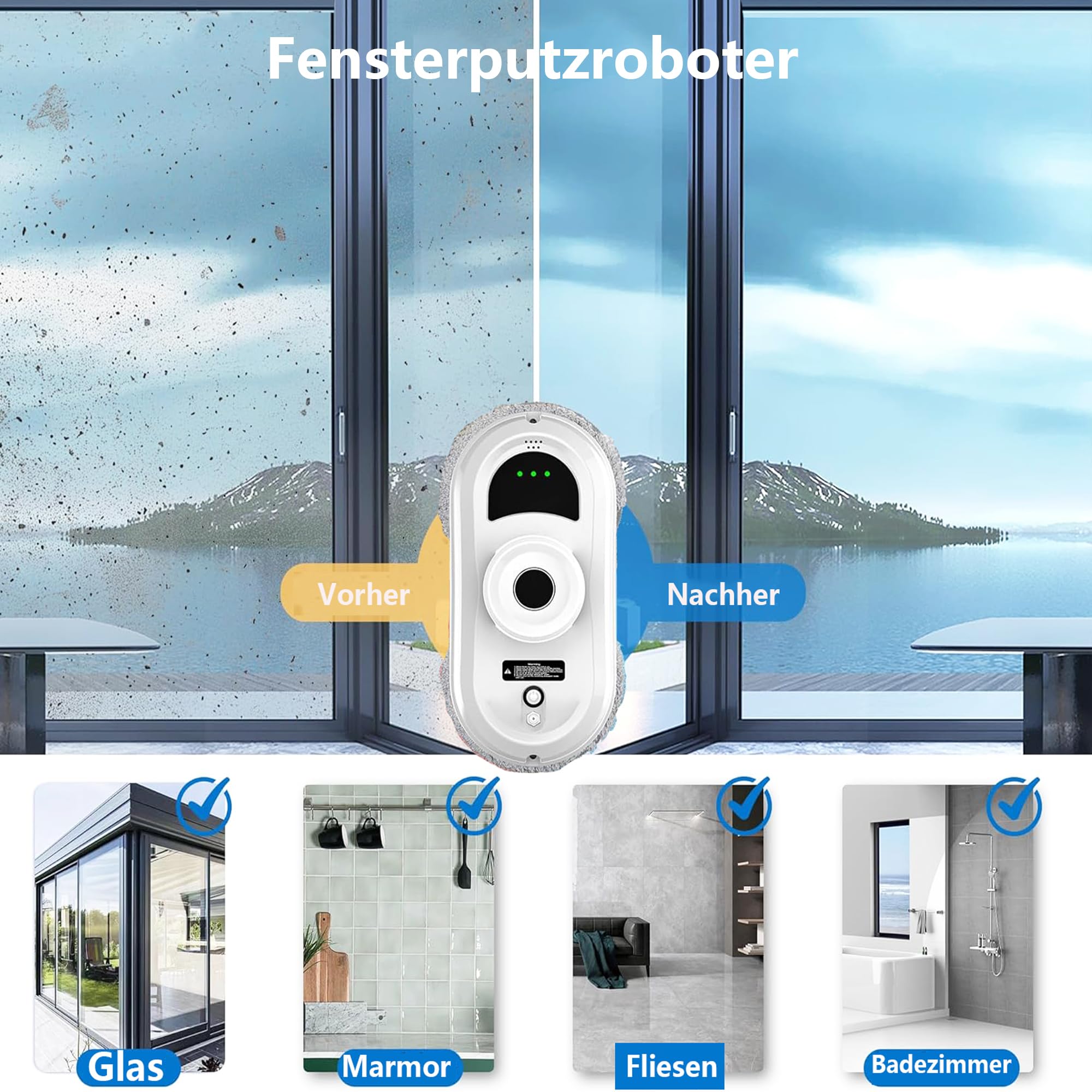 Fensterputzroboter, 5600Pa Elektrischer Fensterreiniger Roboter mit Fernbedienung und Kantenerkennungssystem, Automatischer Fensterreiniger für Innen- und Außenfenster, 6 Tücher