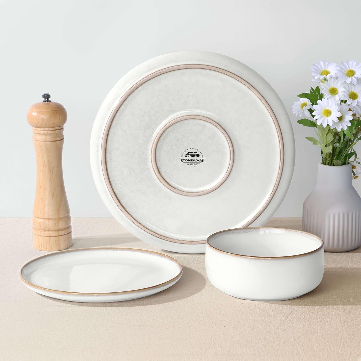 Herogo Plates and Bowls Sets for 4, 12 Pieces Stoneware Dinnerware Sets, Double Reactive Glaze, Microwave & Dishwasher Safe, Scratch Resistant, Ivory White