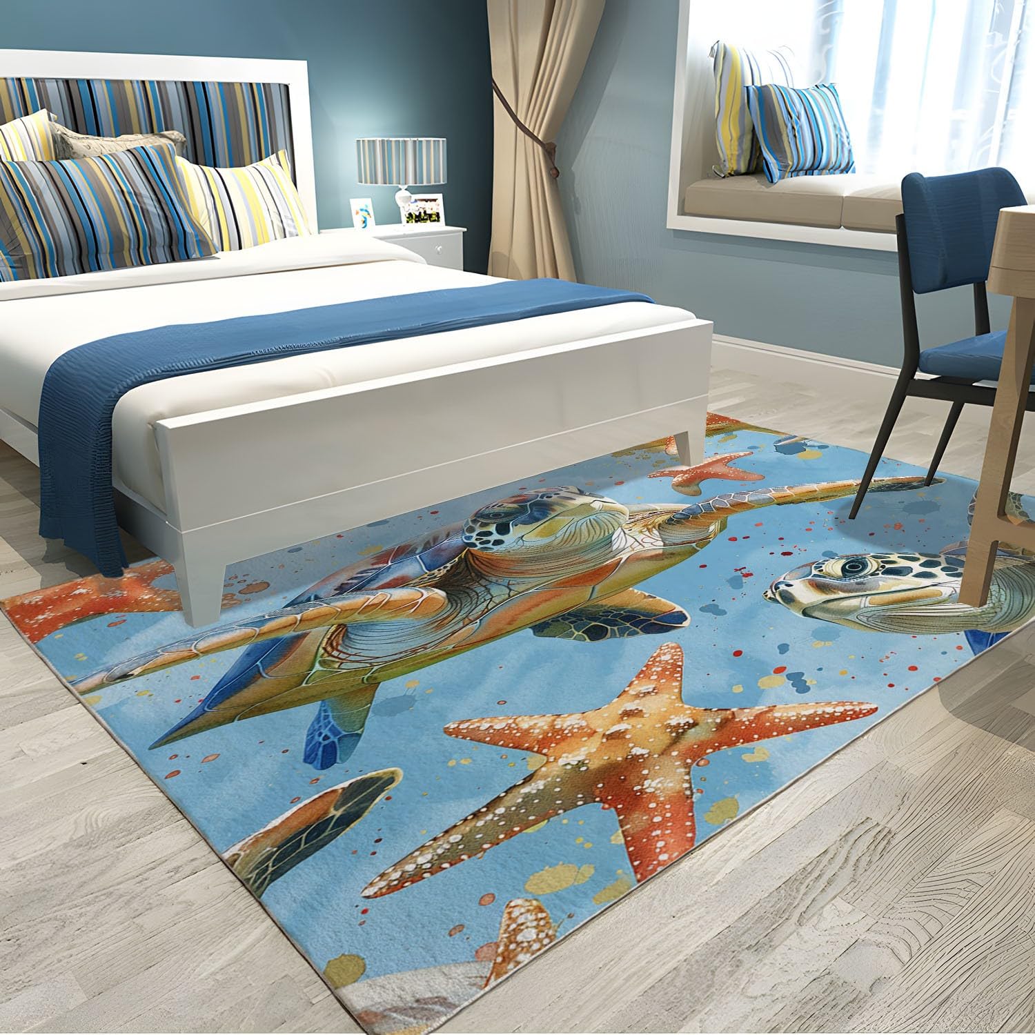 Tapis de Décoration ThèMe éToile de Mer Aquarelle Tortue de Mer, 120 x 170 cm Antidérapant à Poils Courts Doux Tapis, Multi Moquette de Chambre à Poils Ras, Paillasson Intérieur - pour Salon