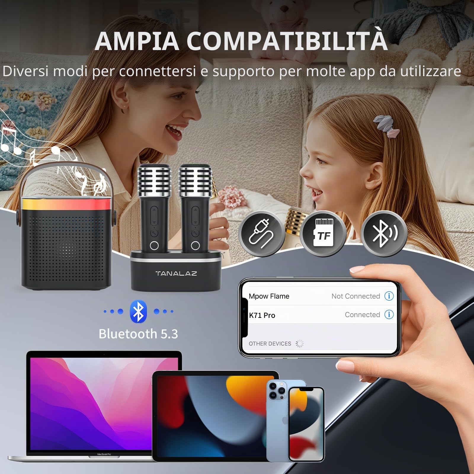 Macchina Karaoke con 2 Microfono Wireless e Base, Aggiornato Cassa Bluetooth con Microfoni, Karaoke Macchina per Bambini con Luci LED ed Effetti Voce, Regalo per 3-12 Anni Bambini Adulti