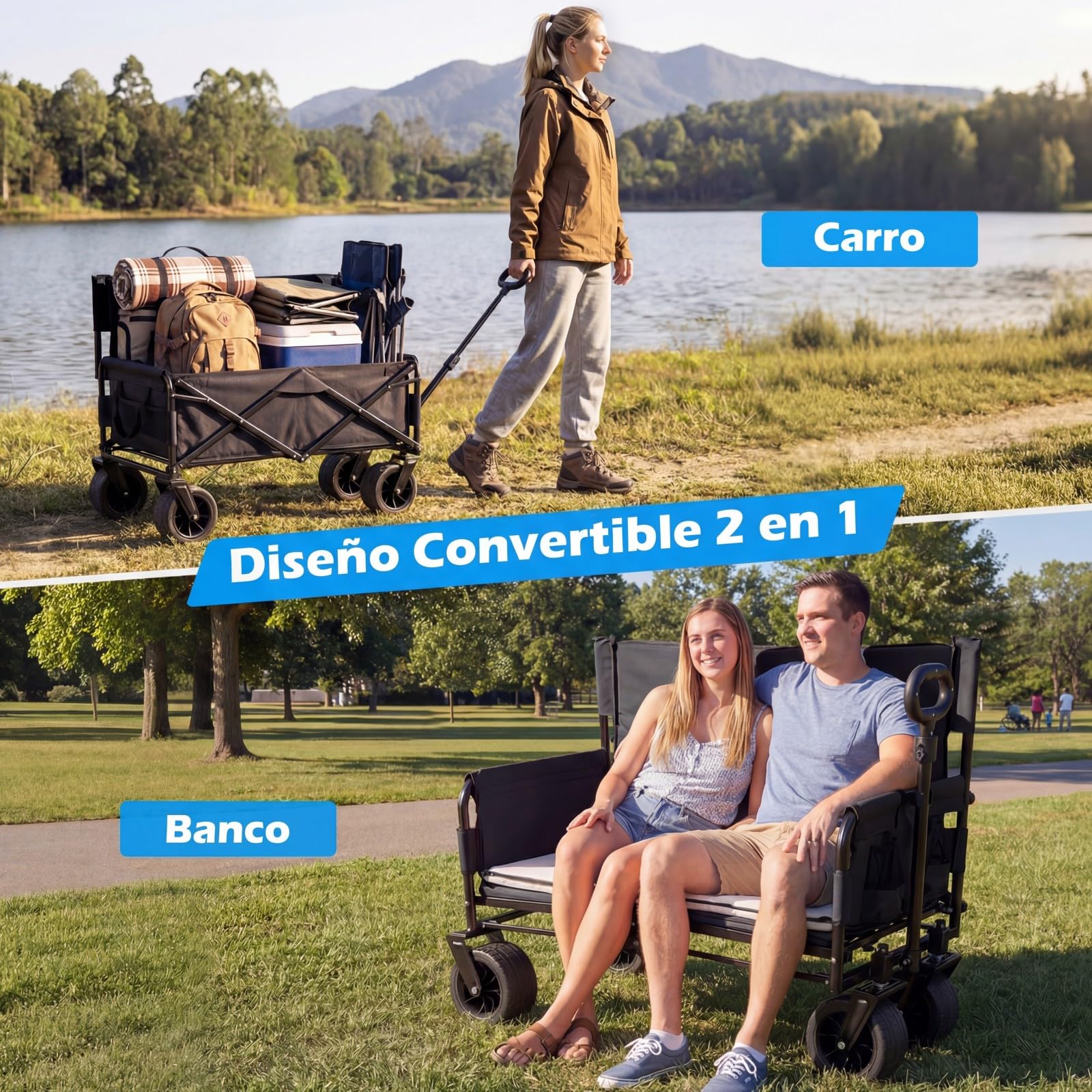 COSTWAY 2 en 1 Banco y Carro Plegable con Ruedas Grandes, Carro Playa, Jardín con Asa Ajustable, Cojines y Ruedas, para Transporte, Camping, Playa y Compras, Carga 80kg, 96x59x75-106 cm (Negro)