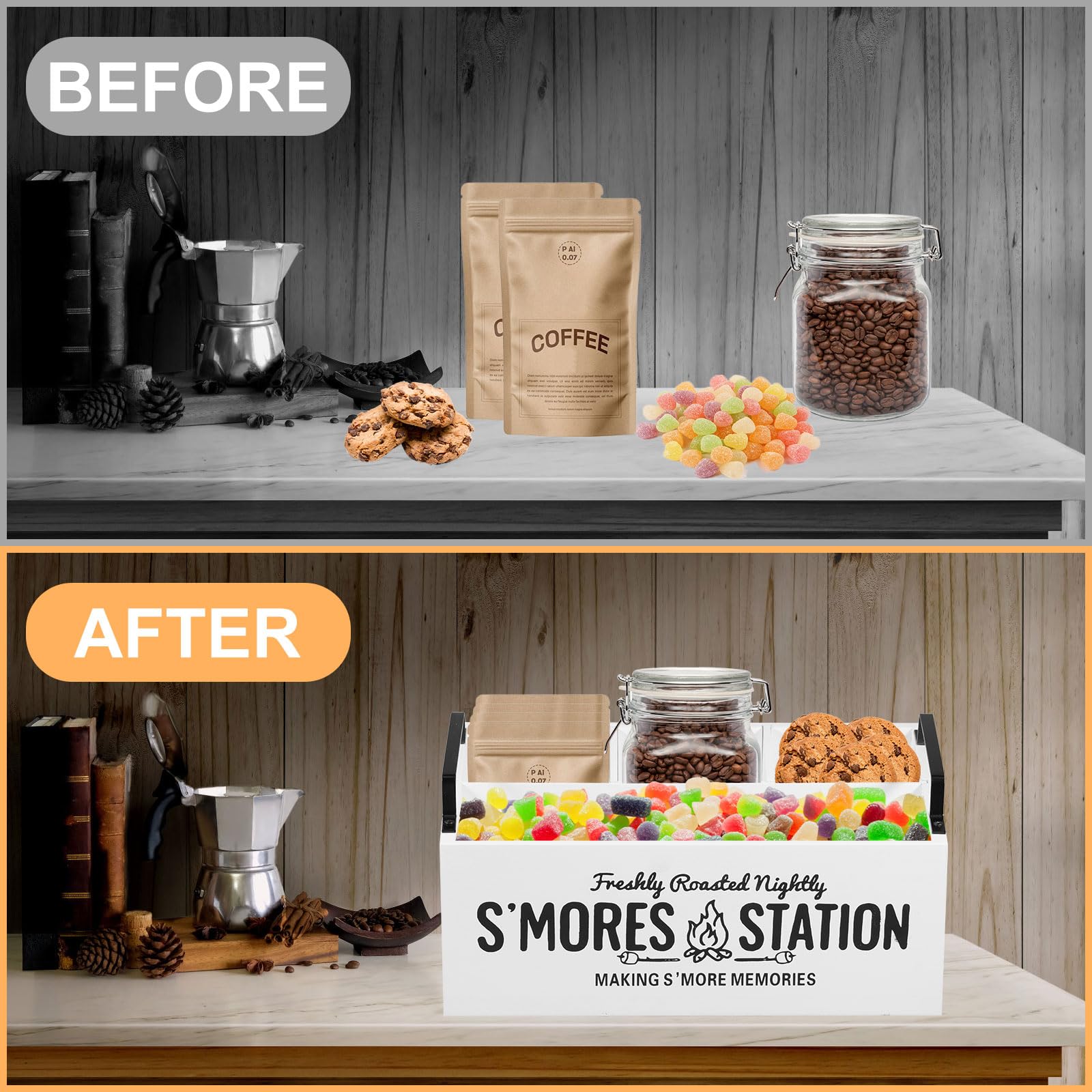 Somre's Station - Organizer per stazione di caffè in legno, con manici e 4 scomparti, 29 x 18,5 x 11 cm, contenitore rustico per accessori da tè, decorazione bar (bianco)