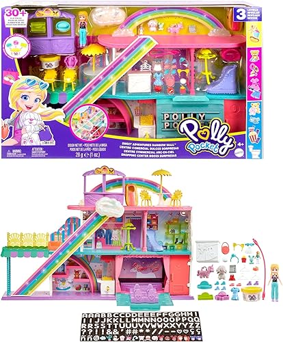 Polly Pocket Sweet Adventures Rainbow Mall, 3 pisos, 9 áreas de juego, más de 35 accesorios, incluyendo muñeca Polly de 3 pulgadas, gran regalo a