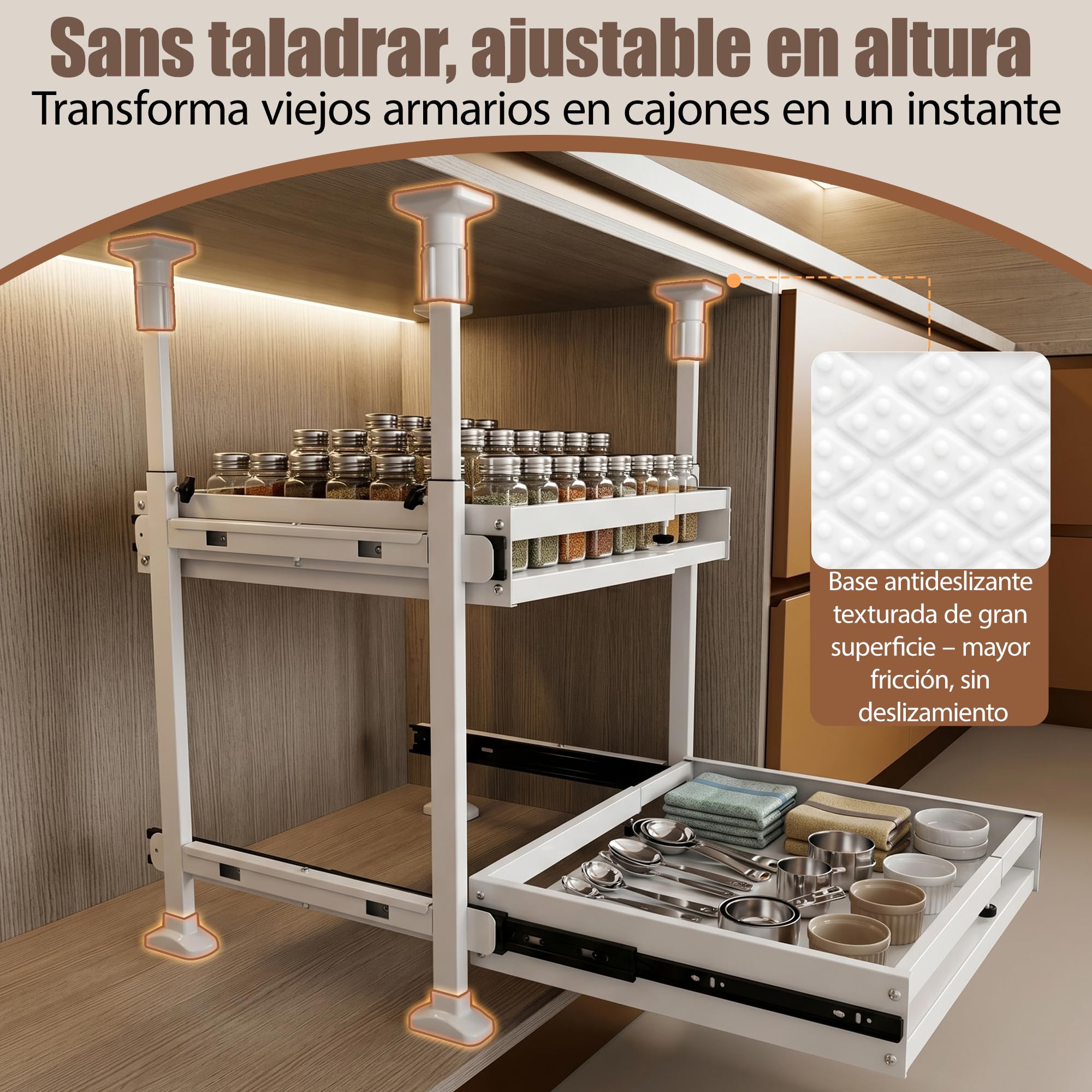 AQRA Pack 2 Cajones Telescópicos Metálicos sin Taladrar, Blanco | Altura 52,5–93cm, Ancho Regulable 33–52cm, Organizador Para Armarios de Cocina y Baño