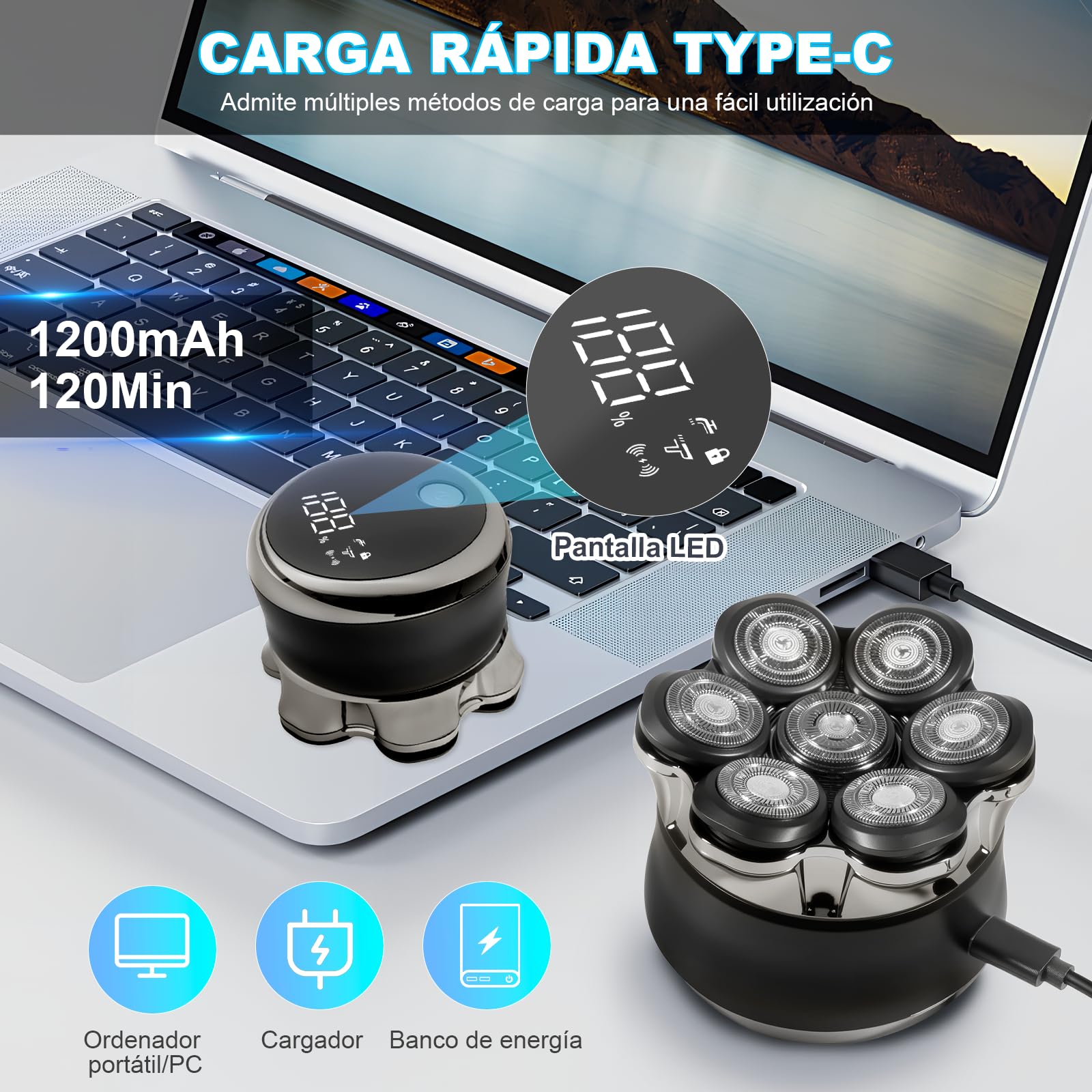 Afeitadora para Cabeza Calva electrica para Hombres Carehabi, IPX6 Resistente al Agua, Recargable, Tipo-C, Cabezal Flotante Magnético 7D, Fácil de Limpiar, Hasta 120 Minutos de Autonomía