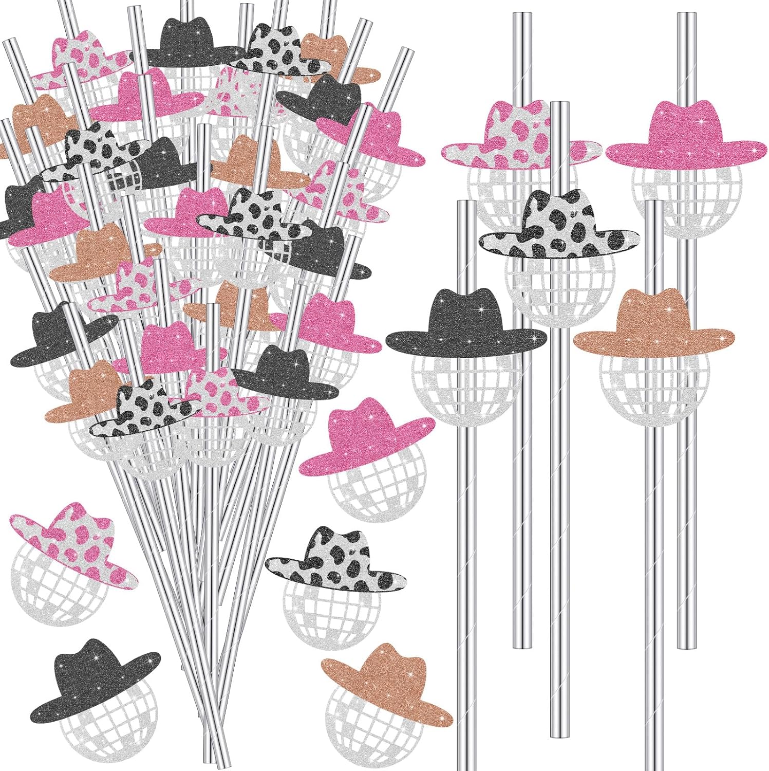 Tanlade 50 Pcs Mini Disco Ball Straws 70s Disco Straws Mirror Glitter Hat Party Decorations for Dance Holiday Wedding Birthday Supplies(Pink, Black, Brown)