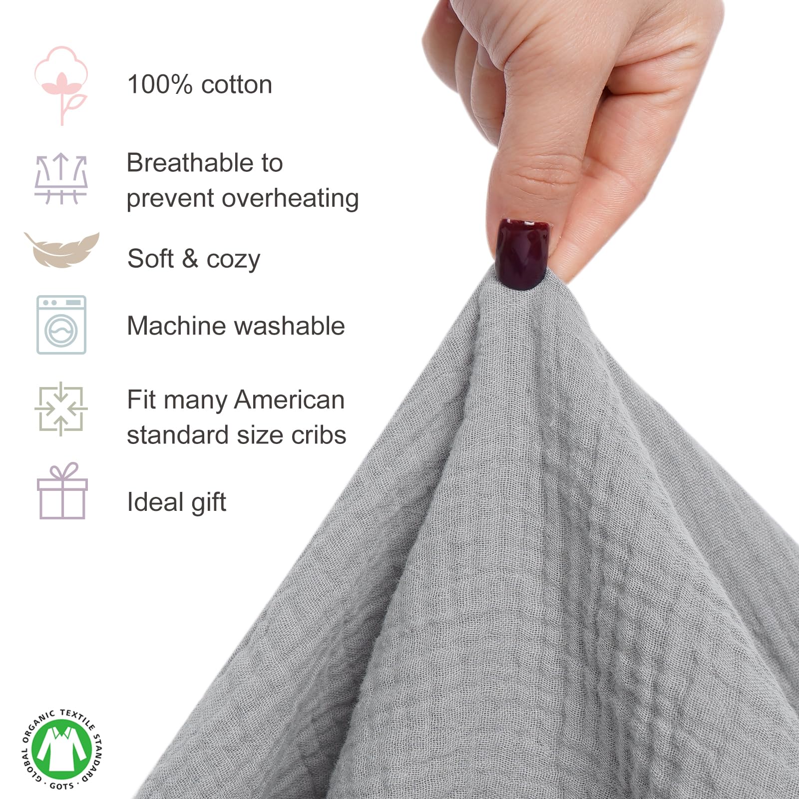 COTTONBEBE Muslin Crib Sheets,100% Organic Cotton Toddler Bed Sheet Soft Breathable, Fitted 52”x 28”x 9”Baby Cribs Mattress for Girl & Boy, Grey